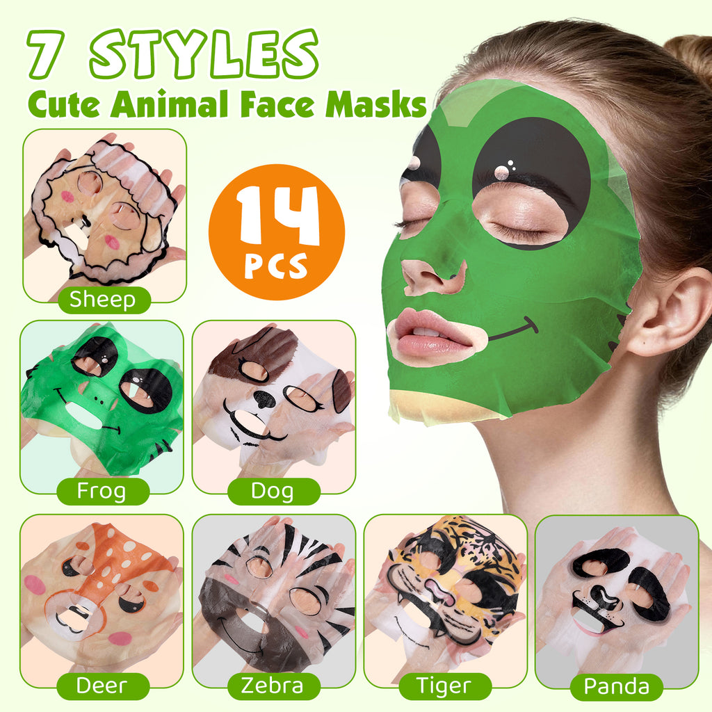 KONEUK 14 Pack Kids Face Mask Set, Cute Animal Face Masks Skincare for Kids, Spa Day Kit and Spa Party Supplies for Girls Teens, Bulk Skin Care Set for Girls
