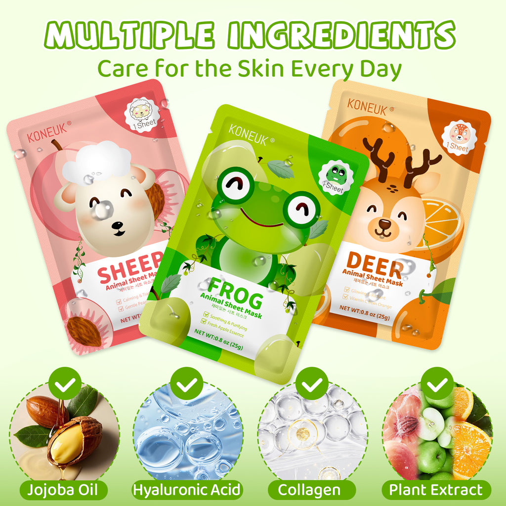 KONEUK 14 Pack Kids Face Mask Set, Cute Animal Face Masks Skincare for Kids, Spa Day Kit and Spa Party Supplies for Girls Teens, Bulk Skin Care Set for Girls