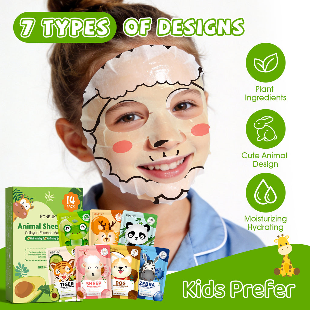 KONEUK 14 Pack Kids Face Mask Set, Cute Animal Face Masks Skincare for Kids, Spa Day Kit and Spa Party Supplies for Girls Teens, Bulk Skin Care Set for Girls