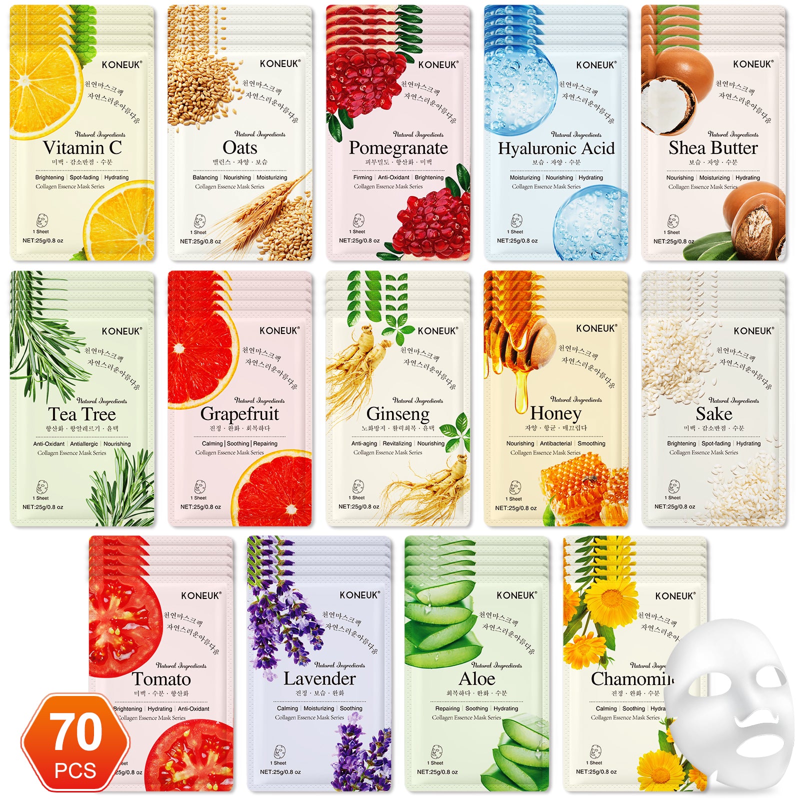 KONEUK 70 Pack Sheet Face Masks Skincare, Hydrating Face Masks Suitable for All Skin Types, Bulk Facial Mask Gifts Set for Women Skin Care, Home Skincare Spa for Sensitive Skin
