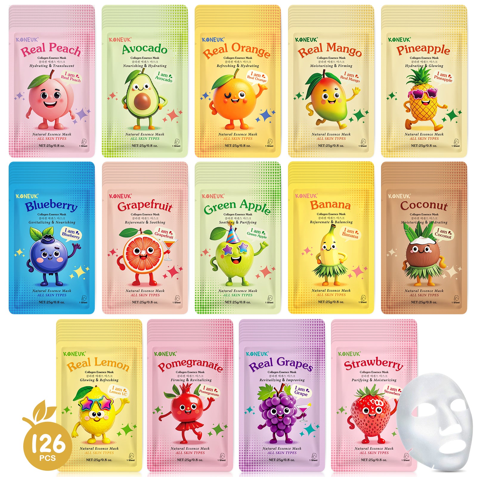 KONEUK 126 Pack Sheet Hydrating Face Masks Skincare for Women, Bulk Fruit Face Mask Skin Care for Kids, Facial Masks Set for All Skin Types, Spa Party Supplies for Girls Teens