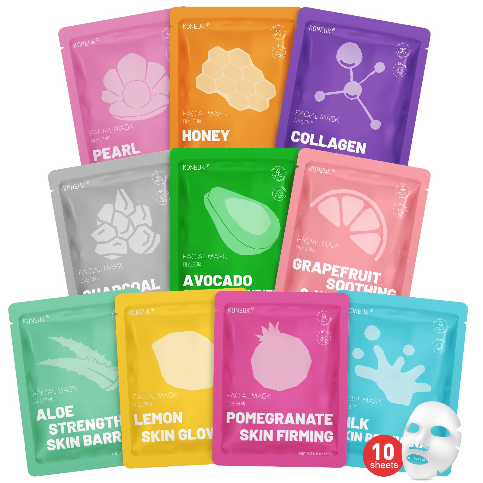 KONEUK 10 Pack Moisturizing Face Masks Skincare for Women, Collagen Hydrating Sheet Face Mask Set, Facial Mask for Women Skin Care, Spa Party Favors and Spa Day Gifts