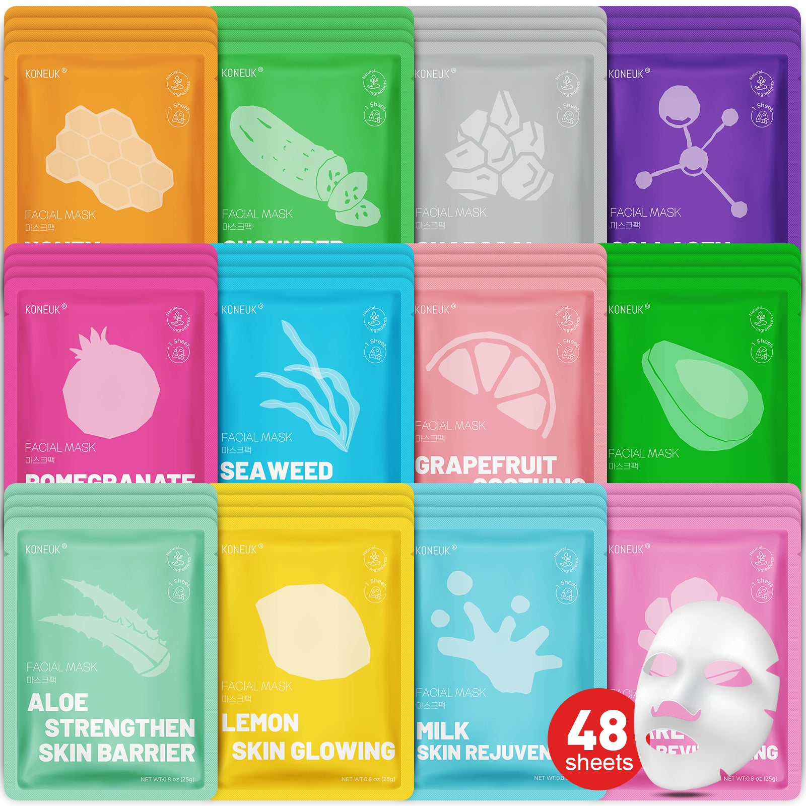 KONEUK 48 Pack Collagen Hydrating Face Masks Skincare for Women, Moisturizing & Soothing Face Mask for All Skin Types, Facial Masks Set Spa Gifts for Women, Bulk Sheet Face Mask for Skin Care