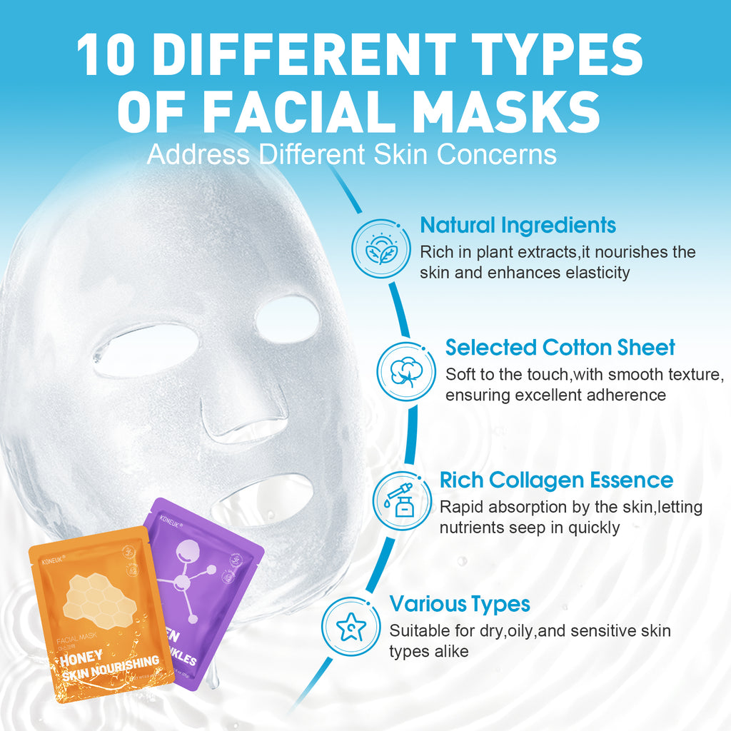 KONEUK 10 Pack Moisturizing Face Masks Skincare for Women, Collagen Hydrating Sheet Face Mask Set, Facial Mask for Women Skin Care, Spa Party Favors and Spa Day Gifts