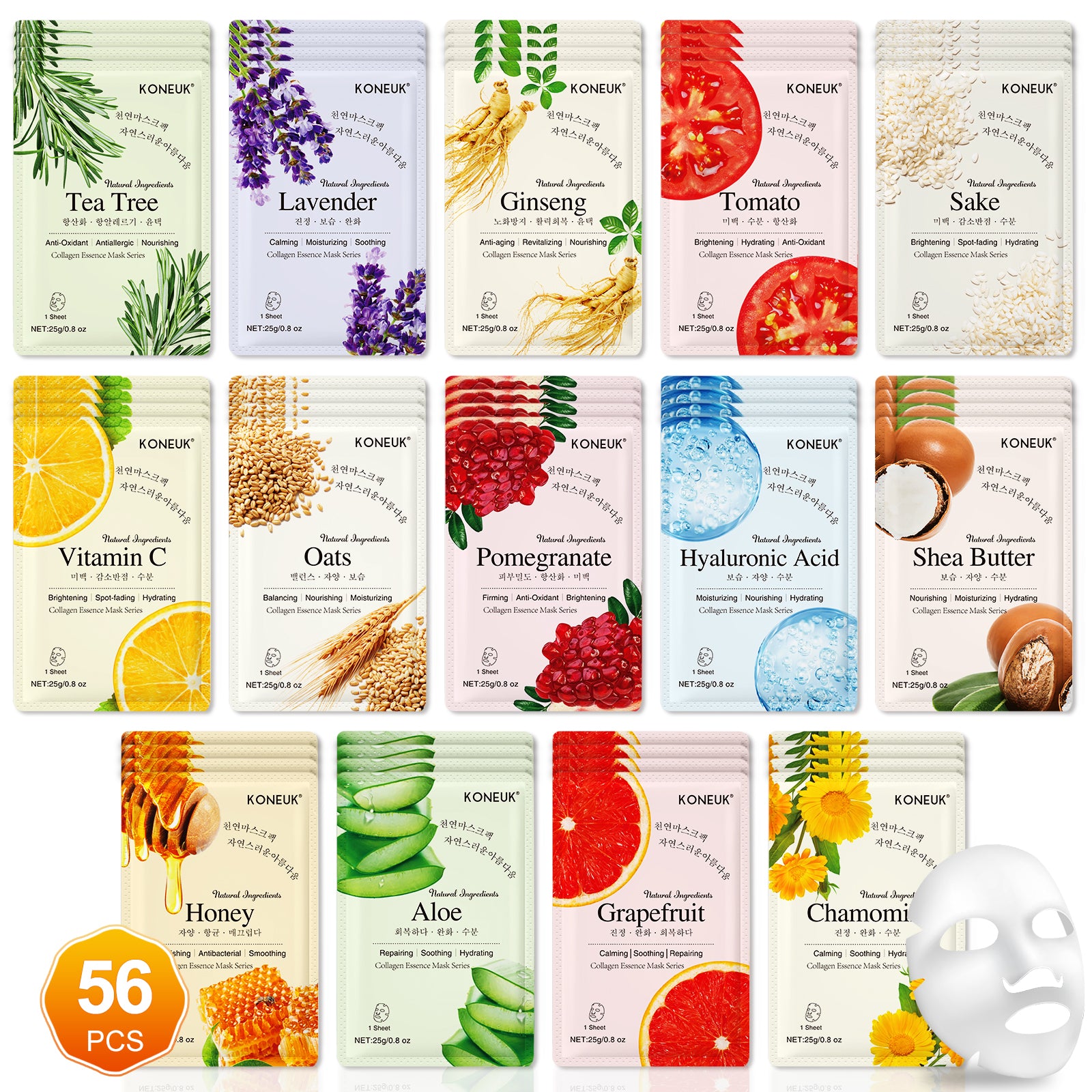 KONEUK 56 Pack Sheet Face Masks Skincare for Women, Hydrating Face Masks Suitable for Sensitive Skin, Bulk Facial Mask Gifts Set for Skin Care, Home Skincare Spa for All Skin Types