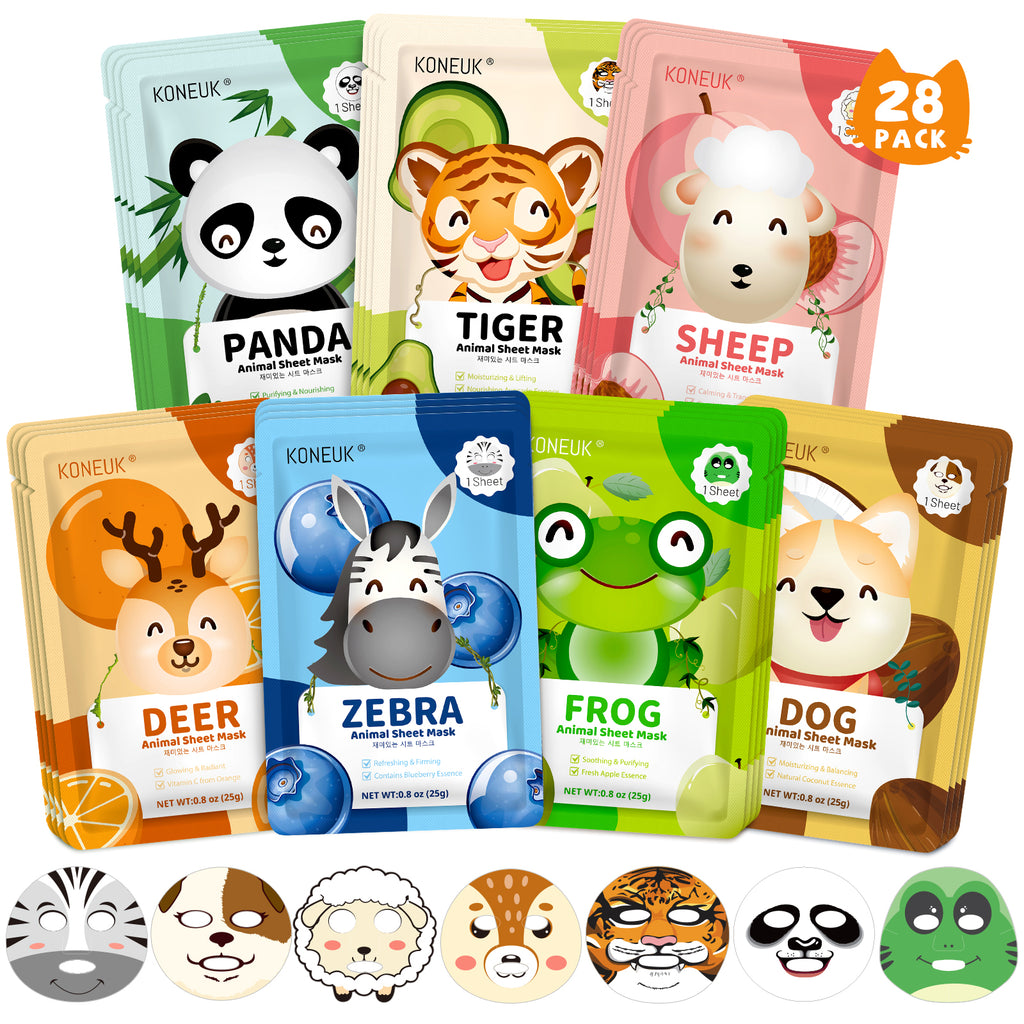 KONEUK 28 Pack Animal Collagen Face Masks for Girls, Bulk Hydrating Face Mask for Kids Teens, Skin Care for Kids, Suitable for Dry Skin, Spa Party Supplies and Birthday Gifts