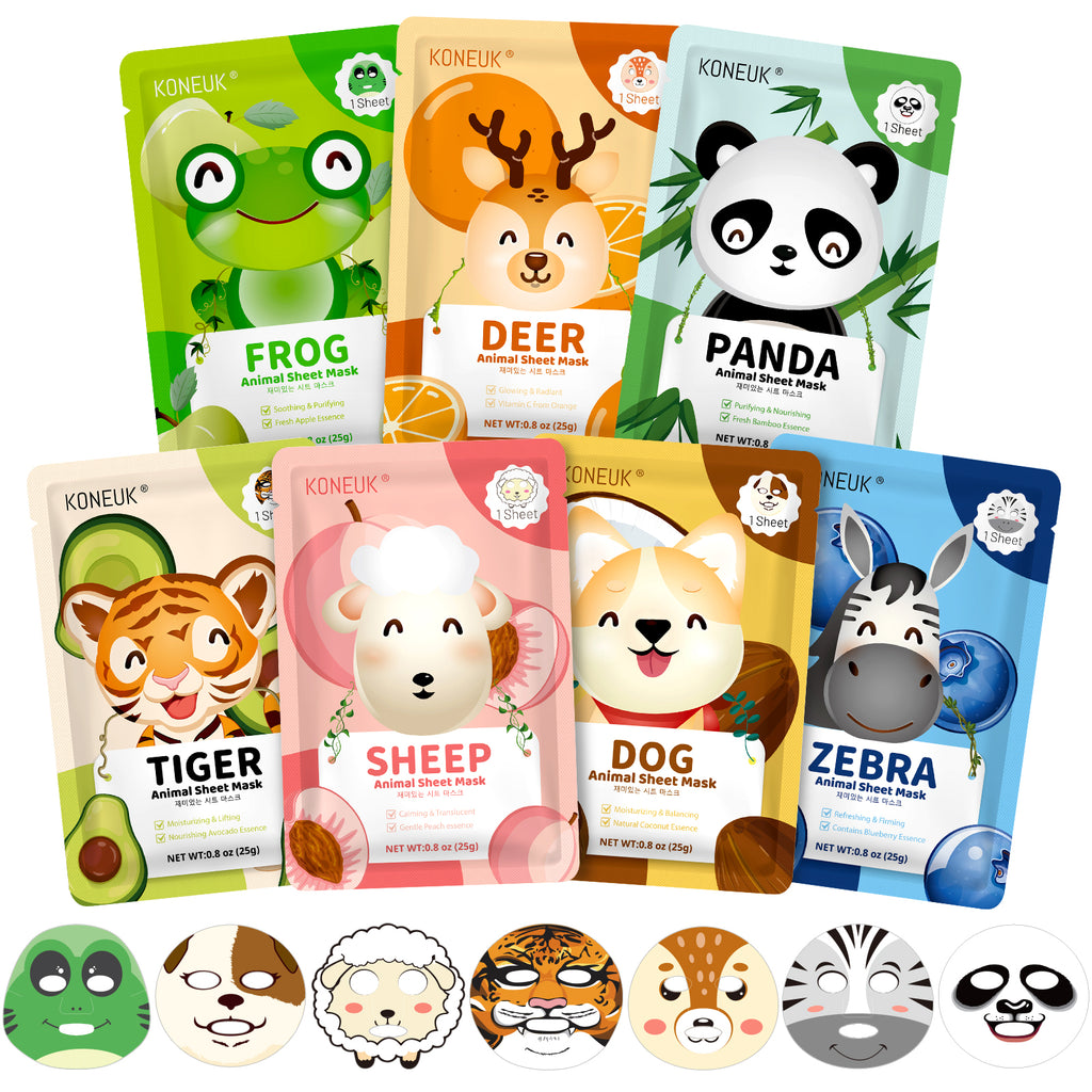KONEUK 7 Pack Animal Hydrating Face Mask for Kids, Bulk Face Masks Skincare for Girls Teens, Kids Skin Care Set and Spa Day Kit, Spa Party Supplies for Girls