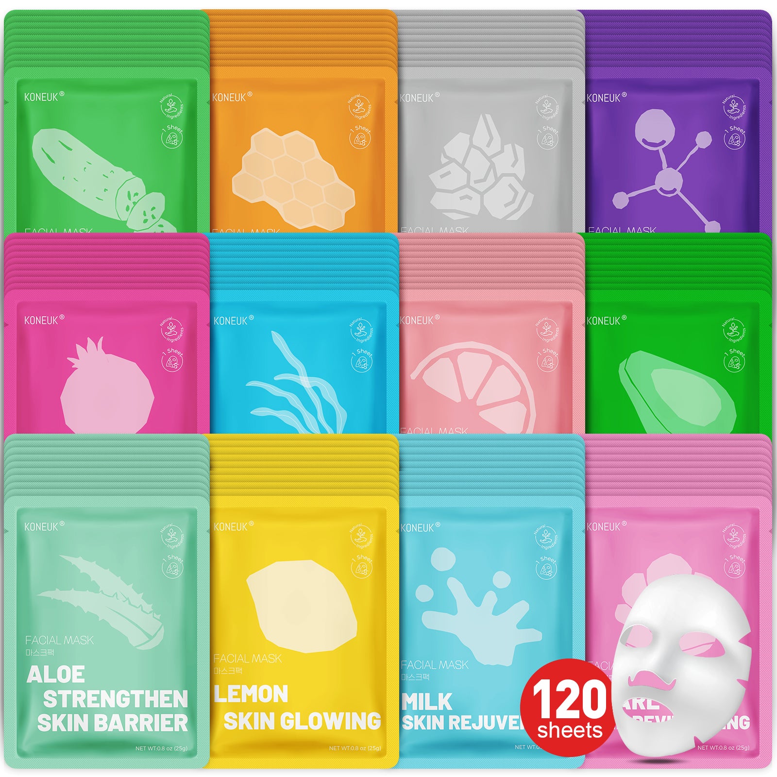 KONEUK 120 Pack Collagen Essence Sheet Face Masks Skincare, Moisturizing & Hydrating Face Mask for Skin Care, Bulk Face Masks for All Skin Types, Spa Party Gifts for Women (12 Types x 10 Pcs)