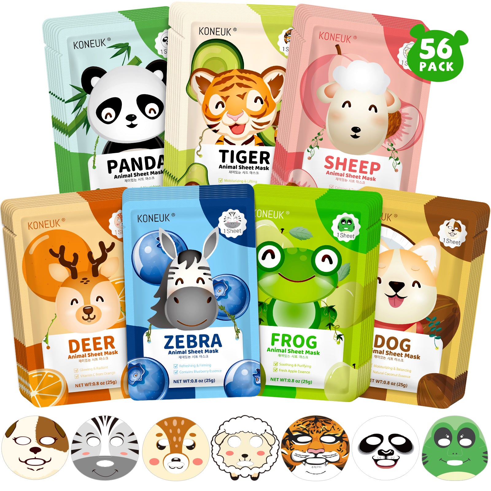 KONEUK 56 Pack Bulk Animal Face Mask for Kids, Hydrating & Moisturizing, Face Masks Skincare for Girls Teens, Spa Party Supplies, Spa Day Kit and Birthday Gifts (7 Types X 8 Pcs)