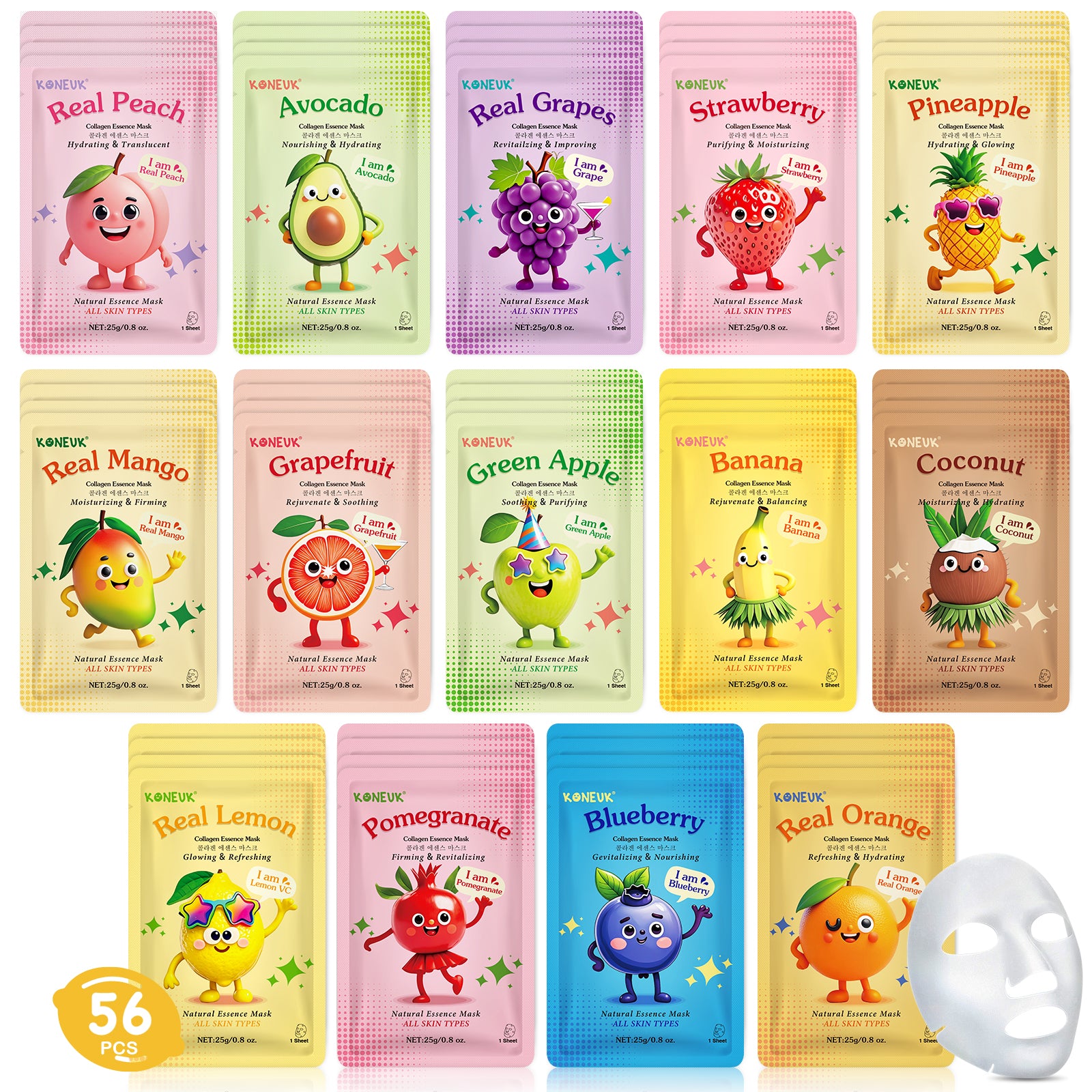 KONEUK 56 Pack Fruit Collagen Face Masks Skincare for Teens Girls, Sheet Face Mask Skin Care for Kids, Bulk Hydrating Facial Masks for Women, Face Mask Set for All Skin Types, Birthday Party Spa Gifts