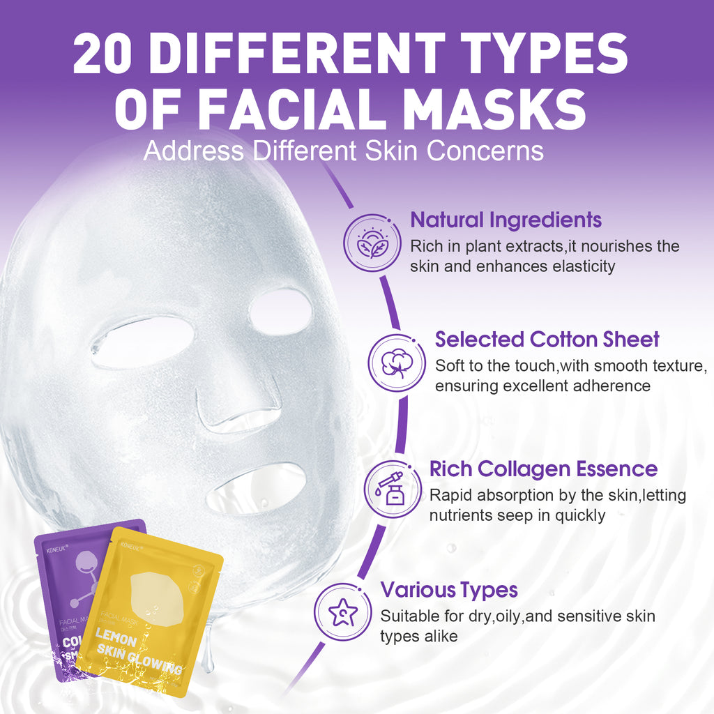 KONEUK 20 Pack Sheet Face Masks Skincare for Women, Collagen Hydrating Facial Mask Set, Bulk Skin Care Face Mask for Dry Skin, Spa Party Favors and Spa Gifts for Women