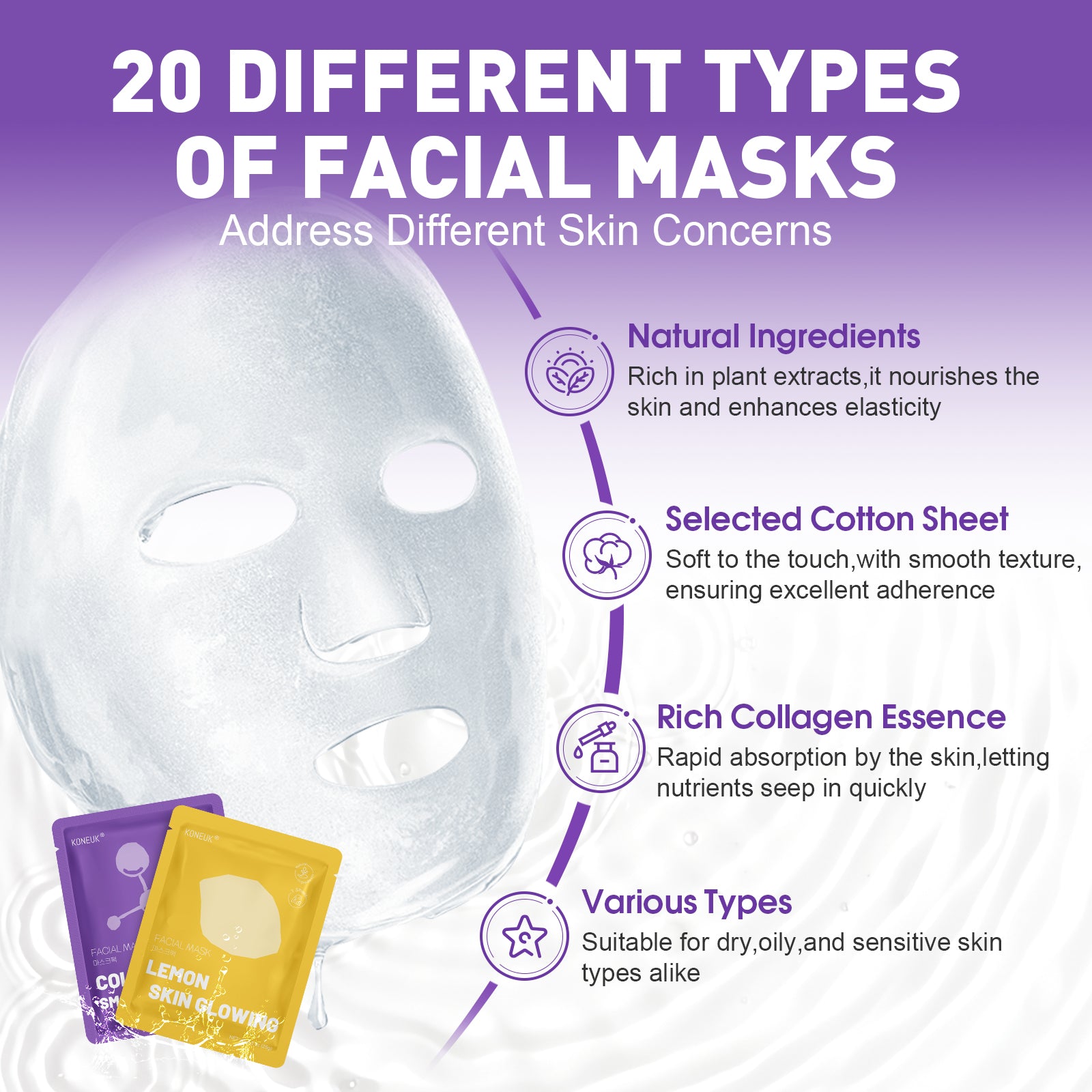 KONEUK 20 Pack Sheet Face Masks Skincare for Women, Collagen Hydrating Facial Mask Set, Bulk Skin Care Face Mask for Dry Skin, Spa Party Favors and Spa Gifts for Women