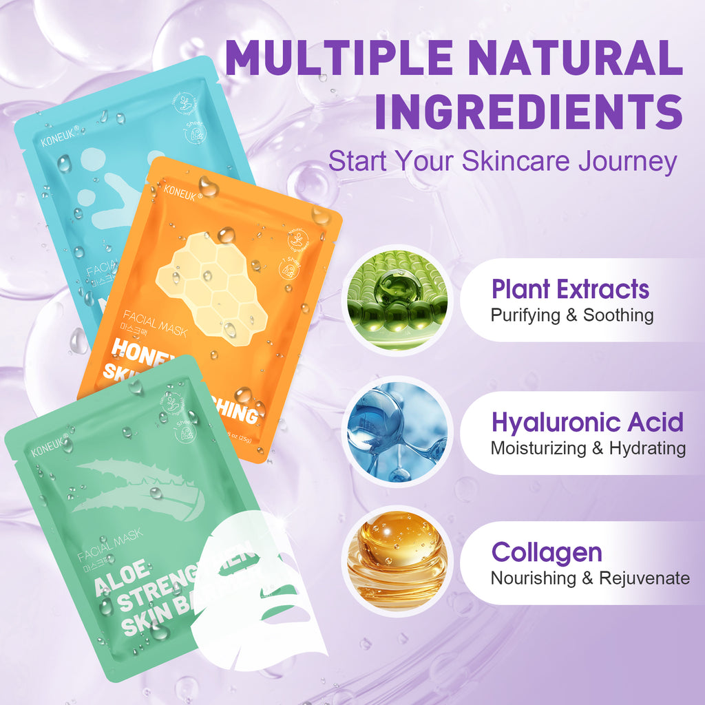 KONEUK 20 Pack Sheet Face Masks Skincare for Women, Collagen Hydrating Facial Mask Set, Bulk Skin Care Face Mask for Dry Skin, Spa Party Favors and Spa Gifts for Women