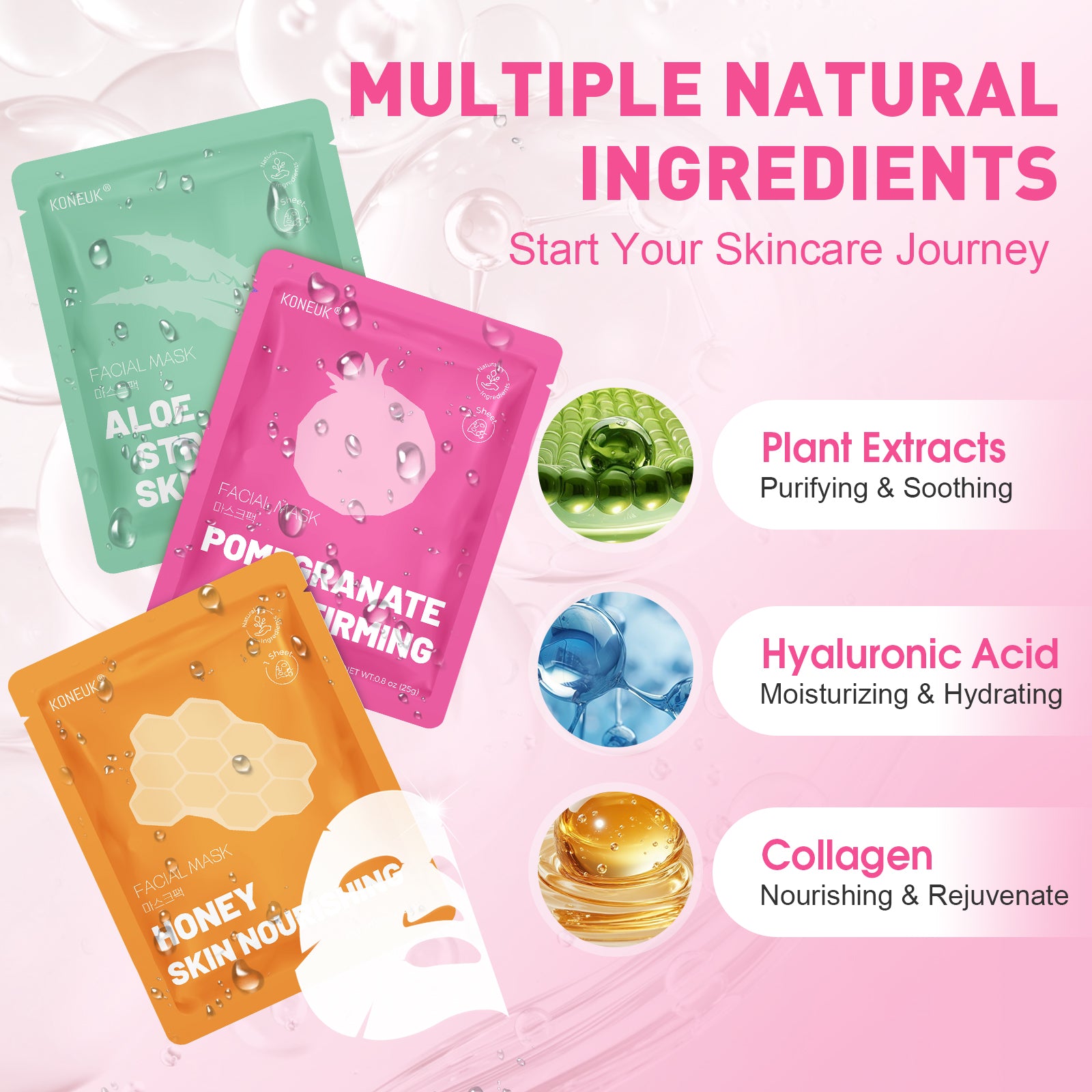 KONEUK 40 Pack Collagen Face Masks for Women Skin Care, Sheet Face Mask for Skincare, Hydrating & Moisturizing for Dry Skin, Bulk Spa Party Favors and Spa Gifts for Women