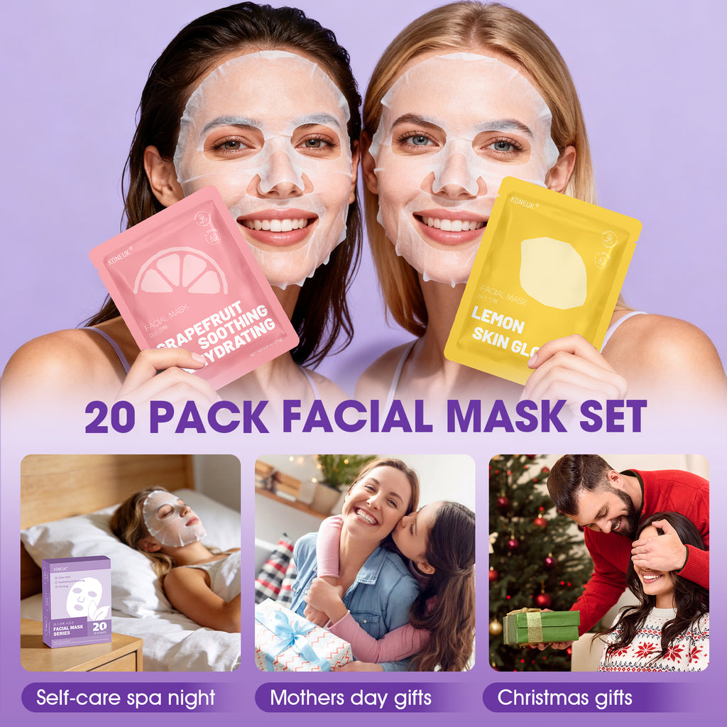 KONEUK 20 Pack Sheet Face Masks Skincare for Women, Collagen Hydrating Facial Mask Set, Bulk Skin Care Face Mask for Dry Skin, Spa Party Favors and Spa Gifts for Women