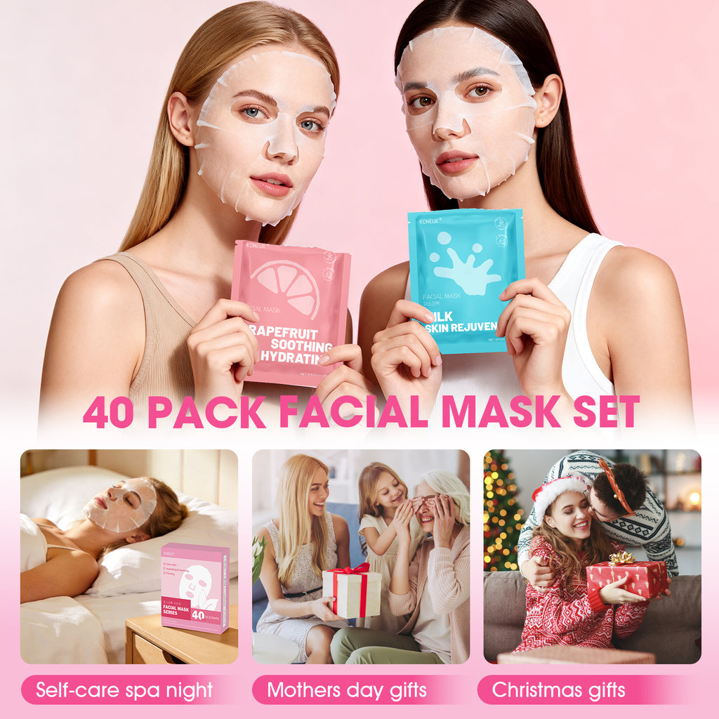 KONEUK 40 Pack Collagen Face Masks for Women Skin Care, Sheet Face Mask for Skincare, Hydrating & Moisturizing for Dry Skin, Bulk Spa Party Favors and Spa Gifts for Women