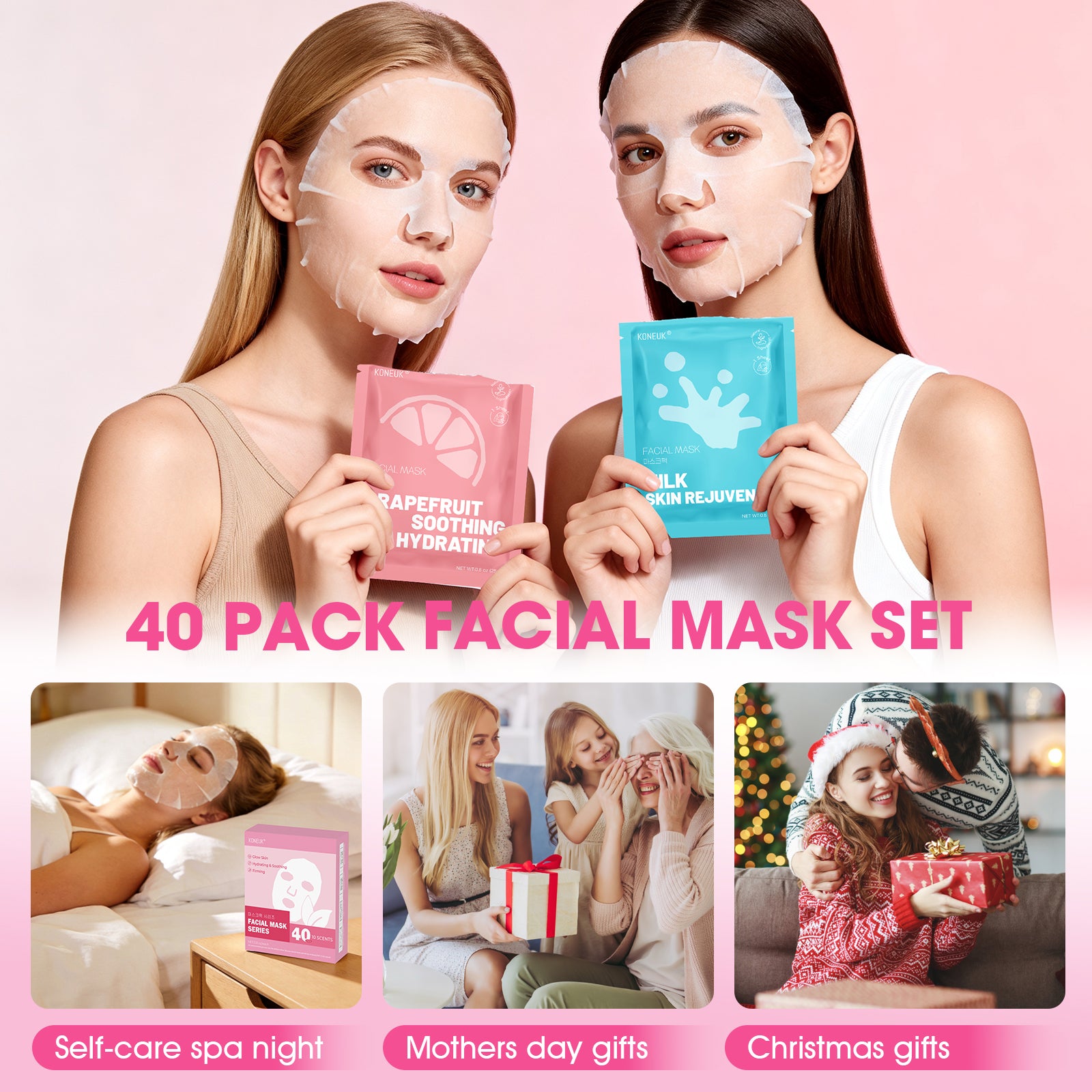 KONEUK 40 Pack Collagen Face Masks for Women Skin Care, Sheet Face Mask for Skincare, Hydrating & Moisturizing for Dry Skin, Bulk Spa Party Favors and Spa Gifts for Women