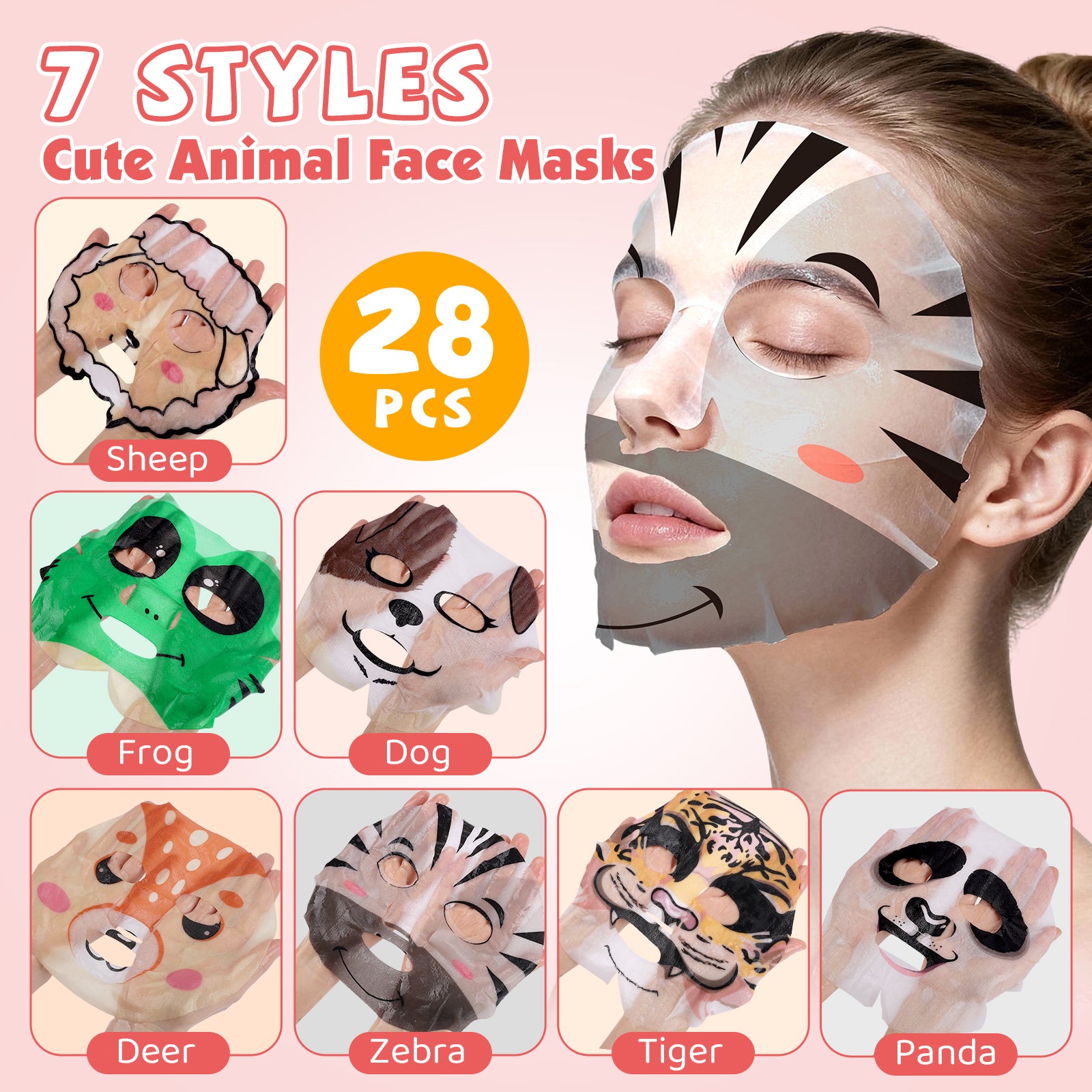 KONEUK 28 Pack Animal Collagen Face Masks for Girls, Bulk Hydrating Face Mask for Kids Teens, Skin Care for Kids, Suitable for Dry Skin, Spa Party Supplies and Birthday Gifts