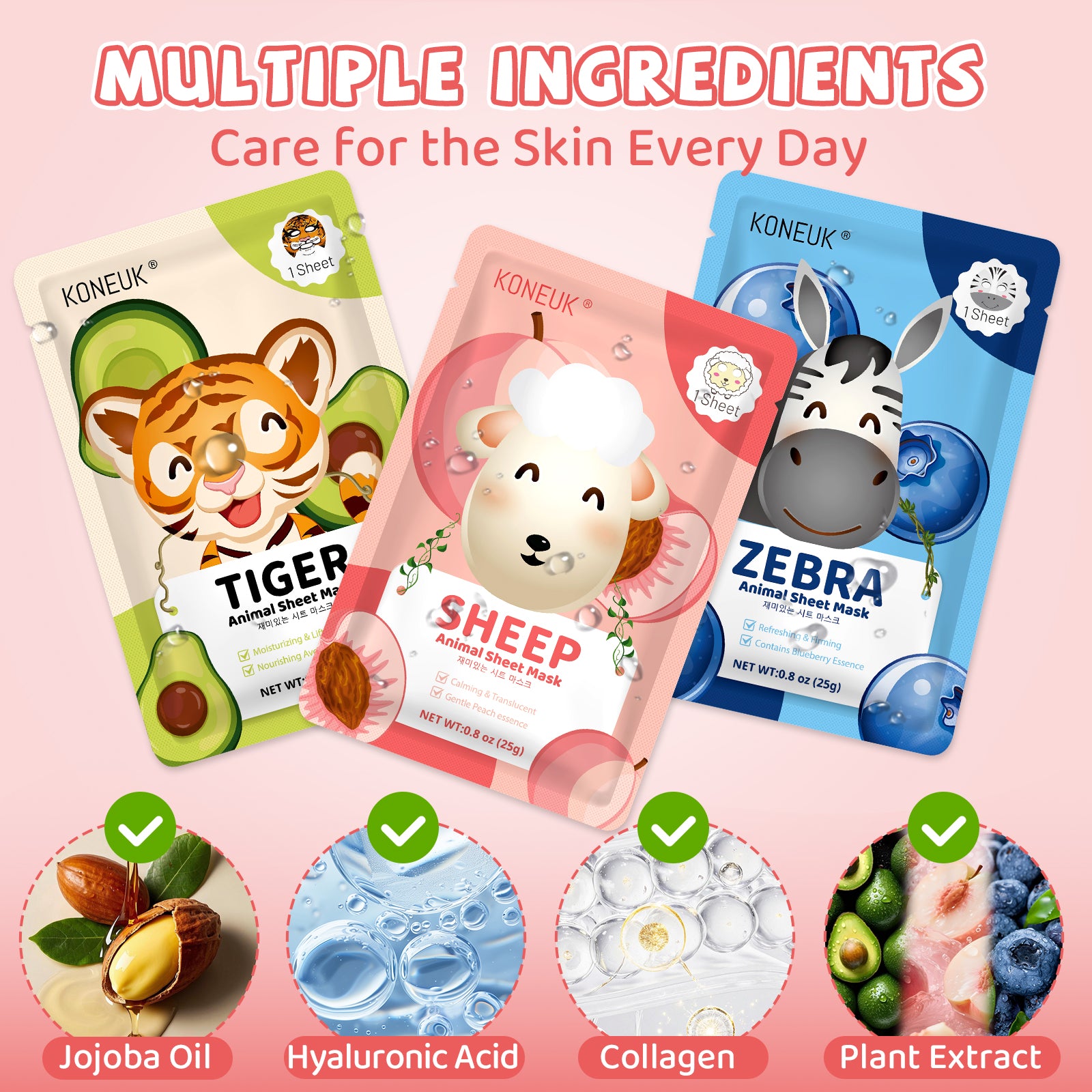 KONEUK 28 Pack Animal Collagen Face Masks for Girls, Bulk Hydrating Face Mask for Kids Teens, Skin Care for Kids, Suitable for Dry Skin, Spa Party Supplies and Birthday Gifts