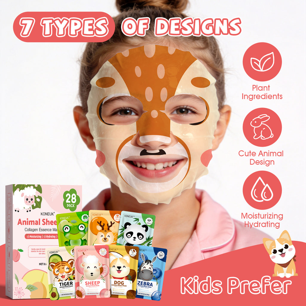 KONEUK 28 Pack Animal Collagen Face Masks for Girls, Bulk Hydrating Face Mask for Kids Teens, Skin Care for Kids, Suitable for Dry Skin, Spa Party Supplies and Birthday Gifts