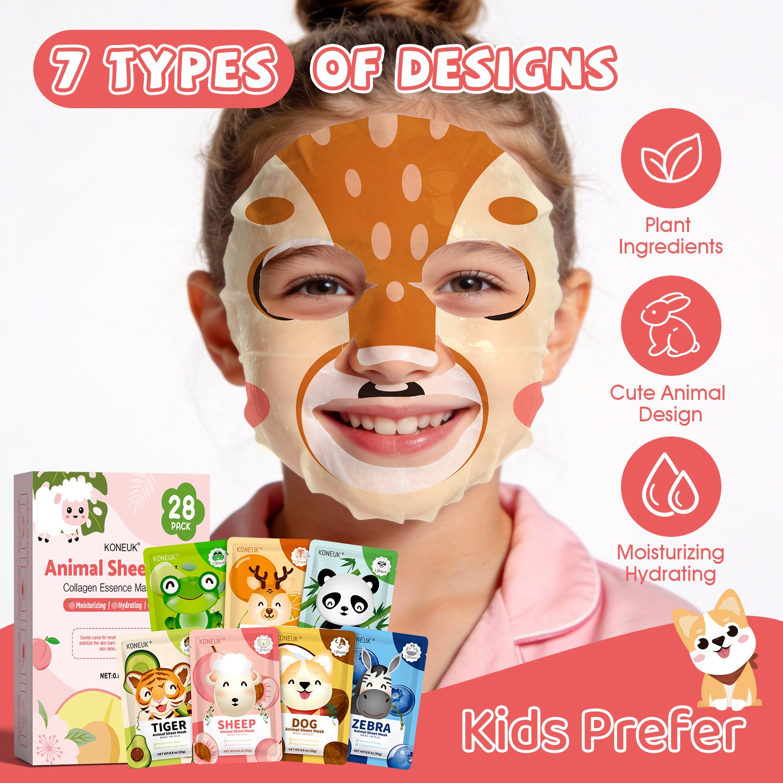 KONEUK 28 Pack Animal Collagen Face Masks for Girls, Bulk Hydrating Face Mask for Kids Teens, Skin Care for Kids, Suitable for Dry Skin, Spa Party Supplies and Birthday Gifts