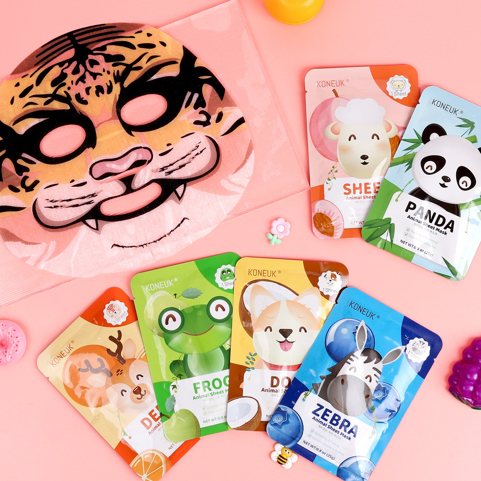 KONEUK 28 Pack Animal Collagen Face Masks for Girls, Bulk Hydrating Face Mask for Kids Teens, Skin Care for Kids, Suitable for Dry Skin, Spa Party Supplies and Birthday Gifts