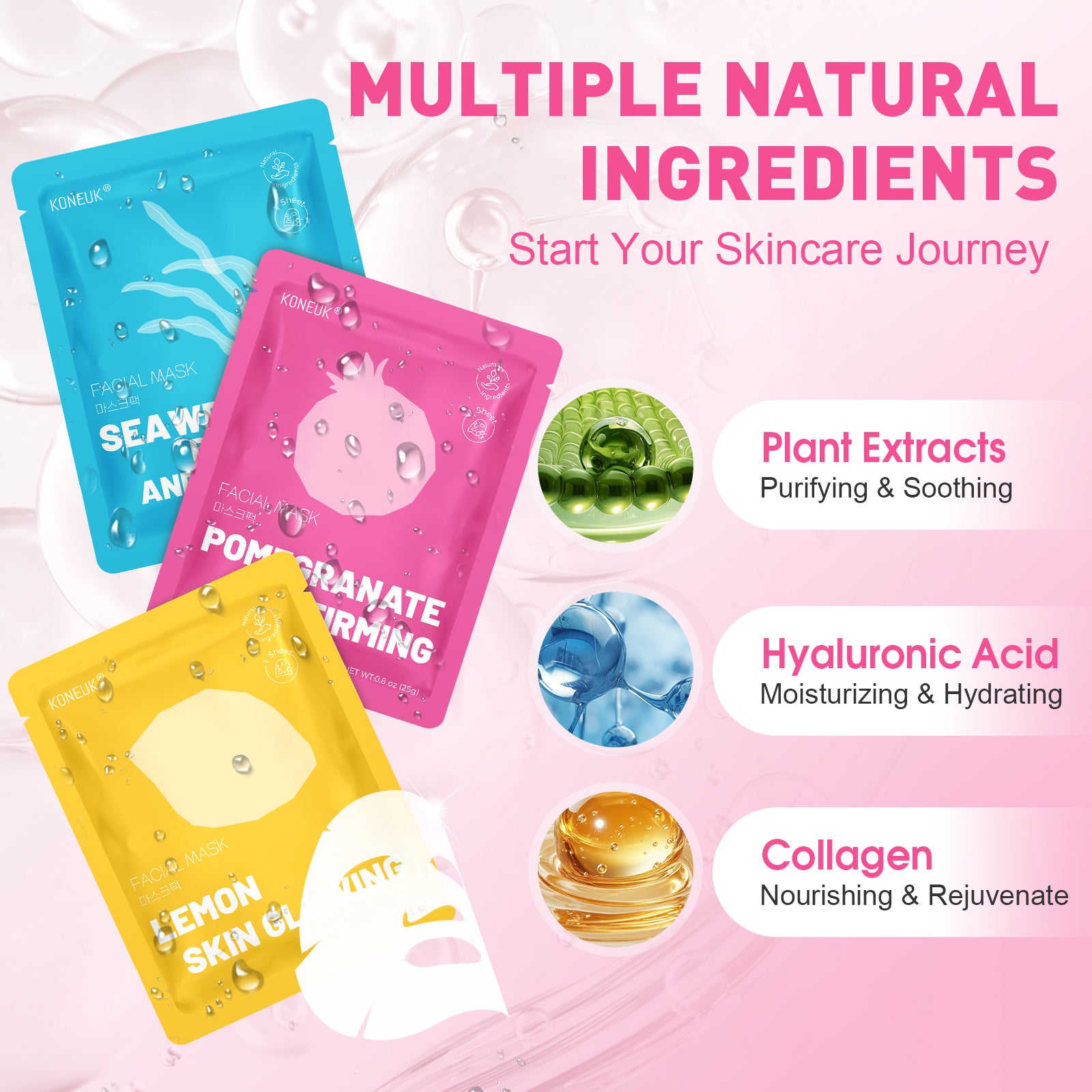 KONEUK 12 Pack Collagen Hydrating Face Masks Skincare, Sheet Face Mask for All Skin Types, Facial Masks Set for Women Skin Care, Face Mask Bulk Spa Gifts for Women