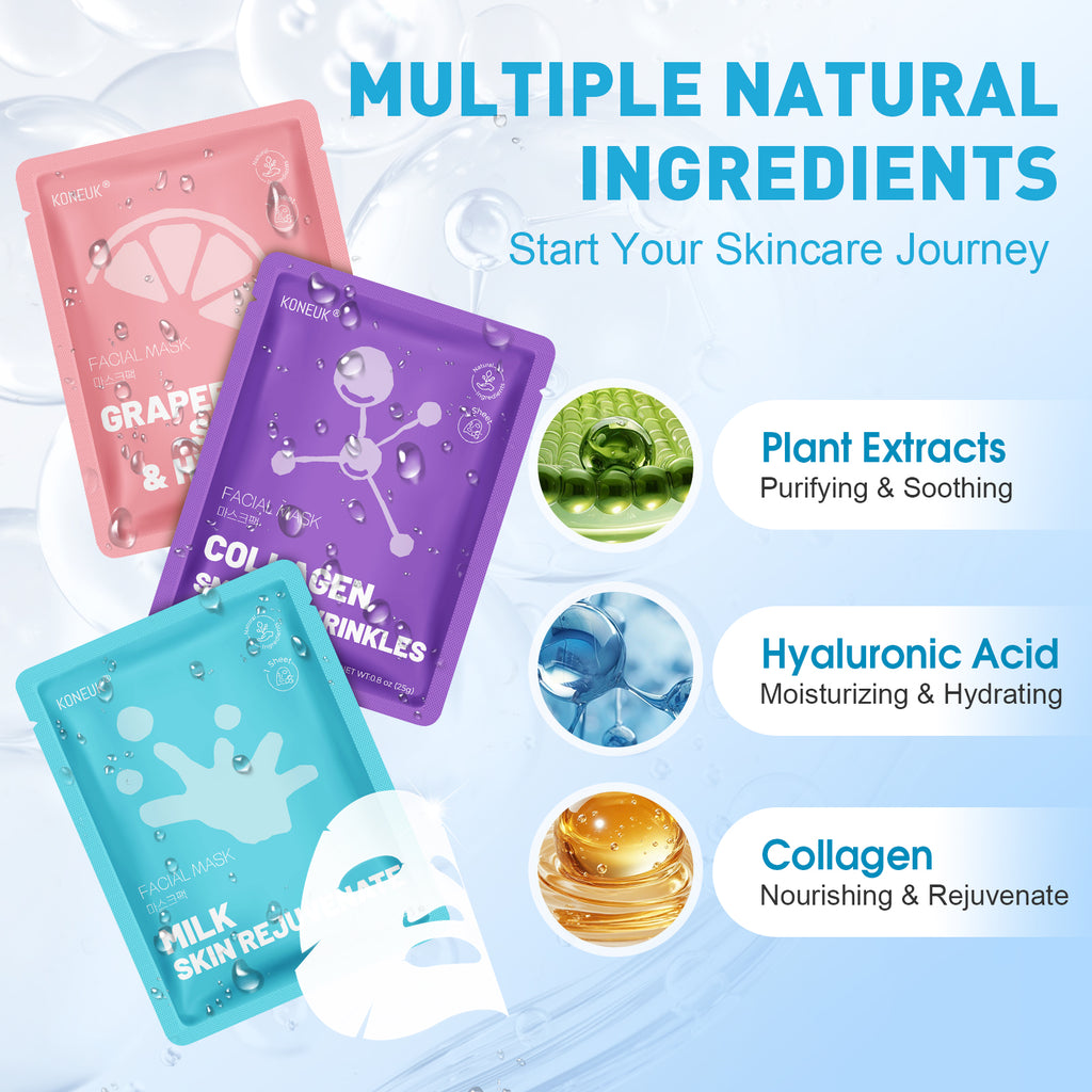 KONEUK 10 Pack Moisturizing Face Masks Skincare for Women, Collagen Hydrating Sheet Face Mask Set, Facial Mask for Women Skin Care, Spa Party Favors and Spa Day Gifts