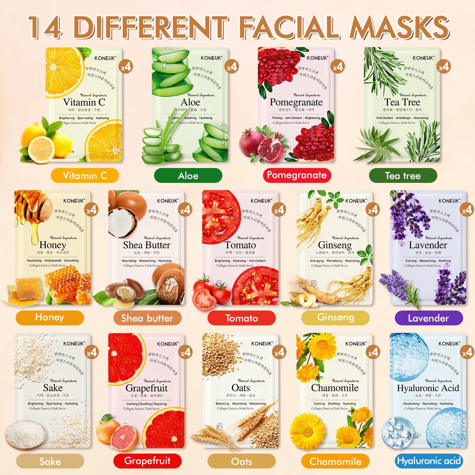 KONEUK 56 Pack Sheet Face Masks Skincare for Women, Hydrating Face Masks Suitable for Sensitive Skin, Bulk Facial Mask Gifts Set for Skin Care, Home Skincare Spa for All Skin Types