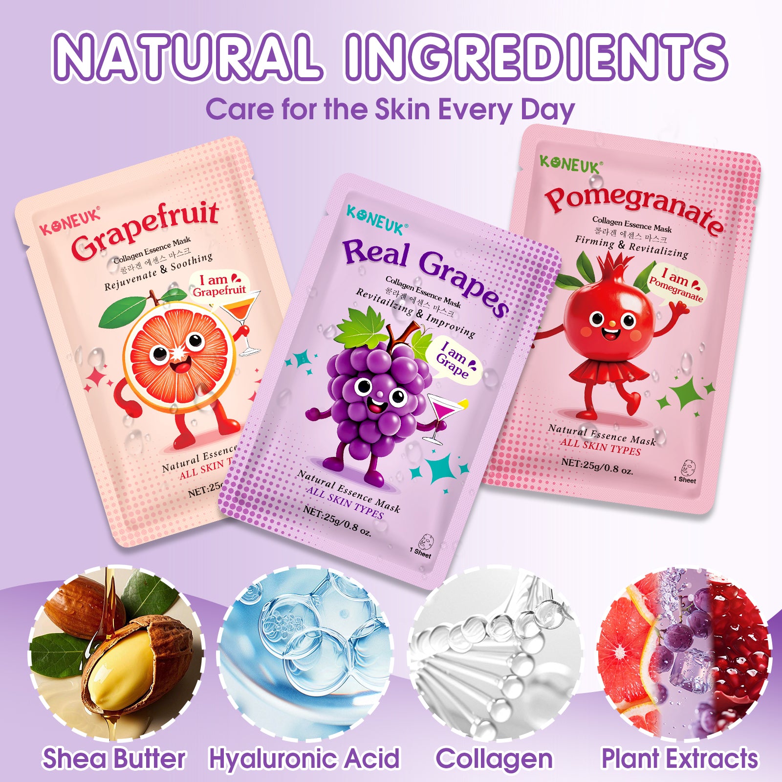KONEUK 70 Pack Collagen Hydrating Face Masks Skincare for Women, Cute Fruit Face Mask Skin Care for Kids Teens, Bulk Sheet Facial Masks Set for All Skin Types, Spa Party Supplies for Girls, Birthday Gifts