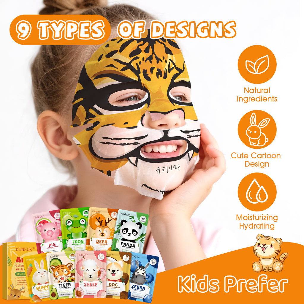 KONEUK 9 Pack Animal Face Masks Skincare for Kids, Bulk Sheet Hydrating Face Mask for Kids Skin Care, Collagen Face Mask for Teens Women, Sleepover Party Supplies, Spa Party Gifts for Teen Girls