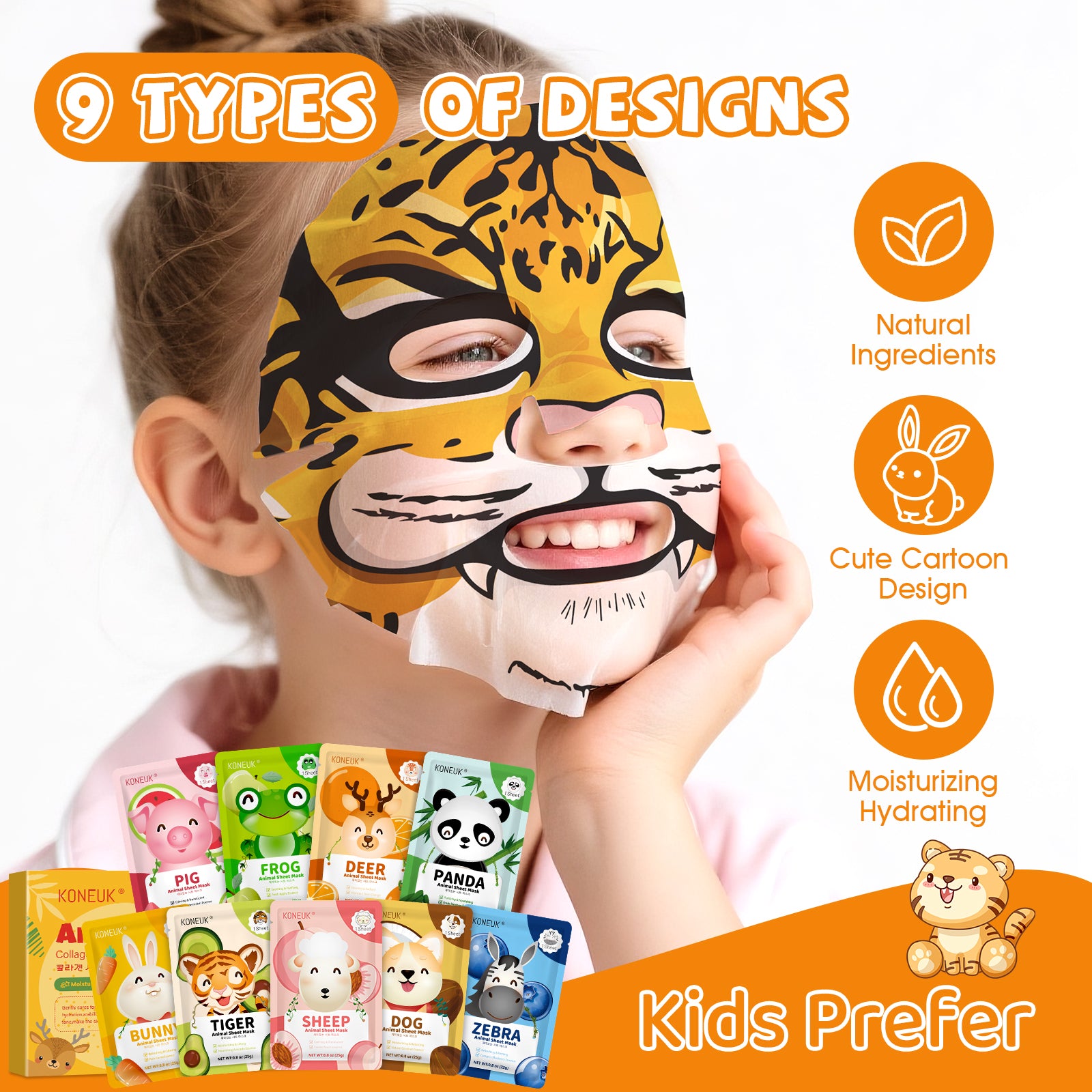 KONEUK 9 Pack Animal Face Masks Skincare for Kids, Bulk Sheet Hydrating Face Mask for Kids Skin Care, Collagen Face Mask for Teens Women, Sleepover Party Supplies, Spa Party Gifts for Teen Girls
