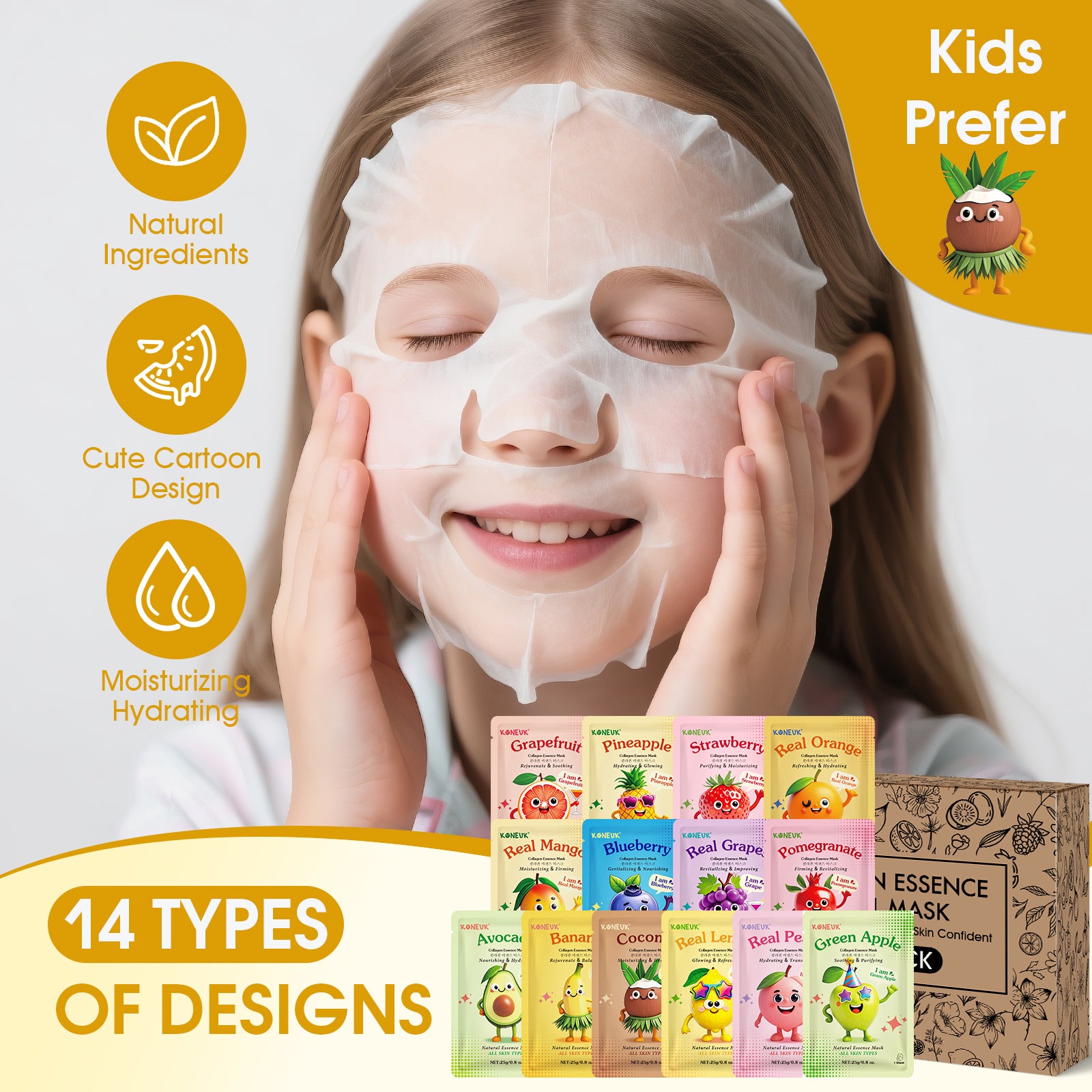 KONEUK 126 Pack Sheet Hydrating Face Masks Skincare for Women, Bulk Fruit Face Mask Skin Care for Kids, Facial Masks Set for All Skin Types, Spa Party Supplies for Girls Teens