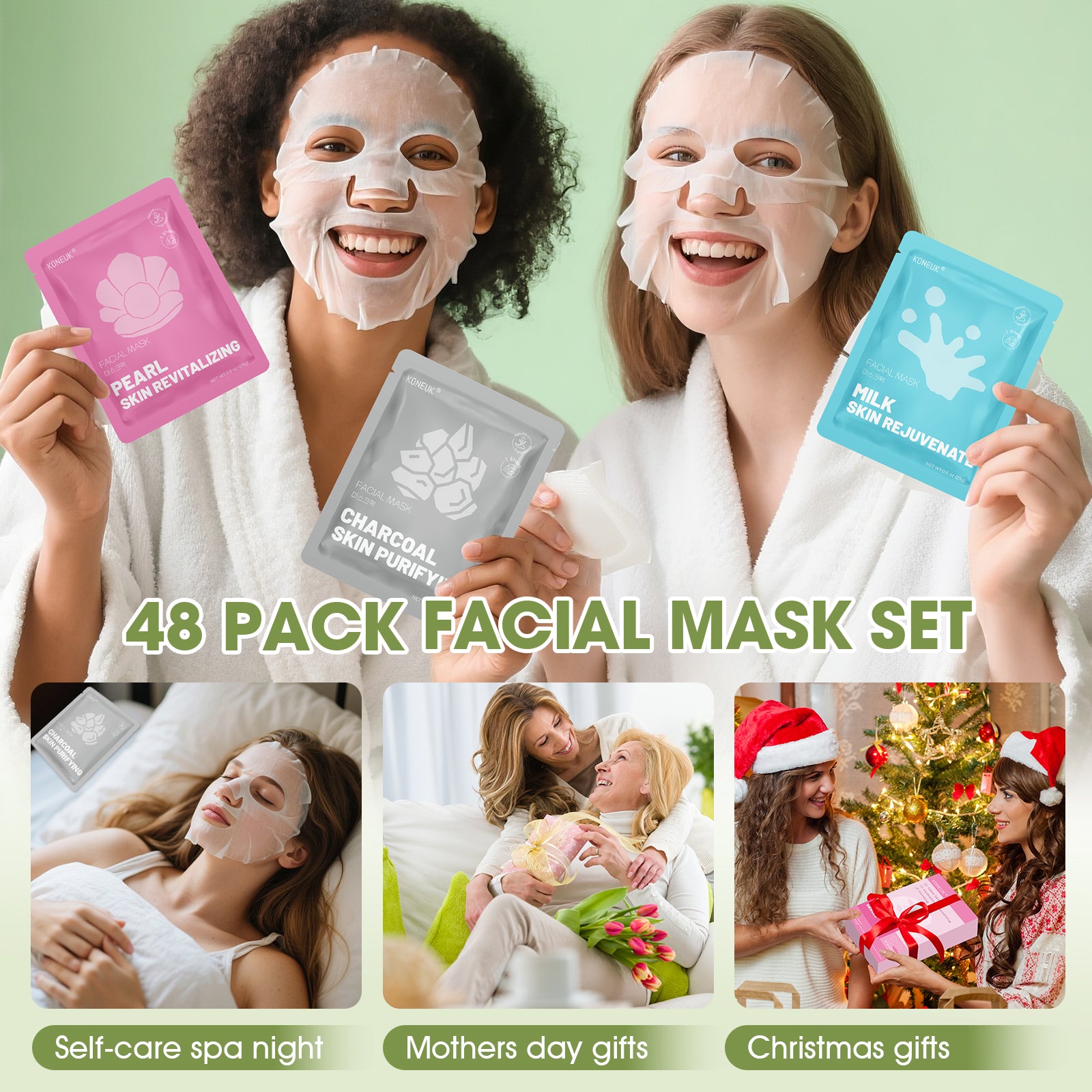 KONEUK 48 Pack Collagen Hydrating Face Masks Skincare for Women, Moisturizing & Soothing Face Mask for All Skin Types, Facial Masks Set Spa Gifts for Women, Bulk Sheet Face Mask for Skin Care