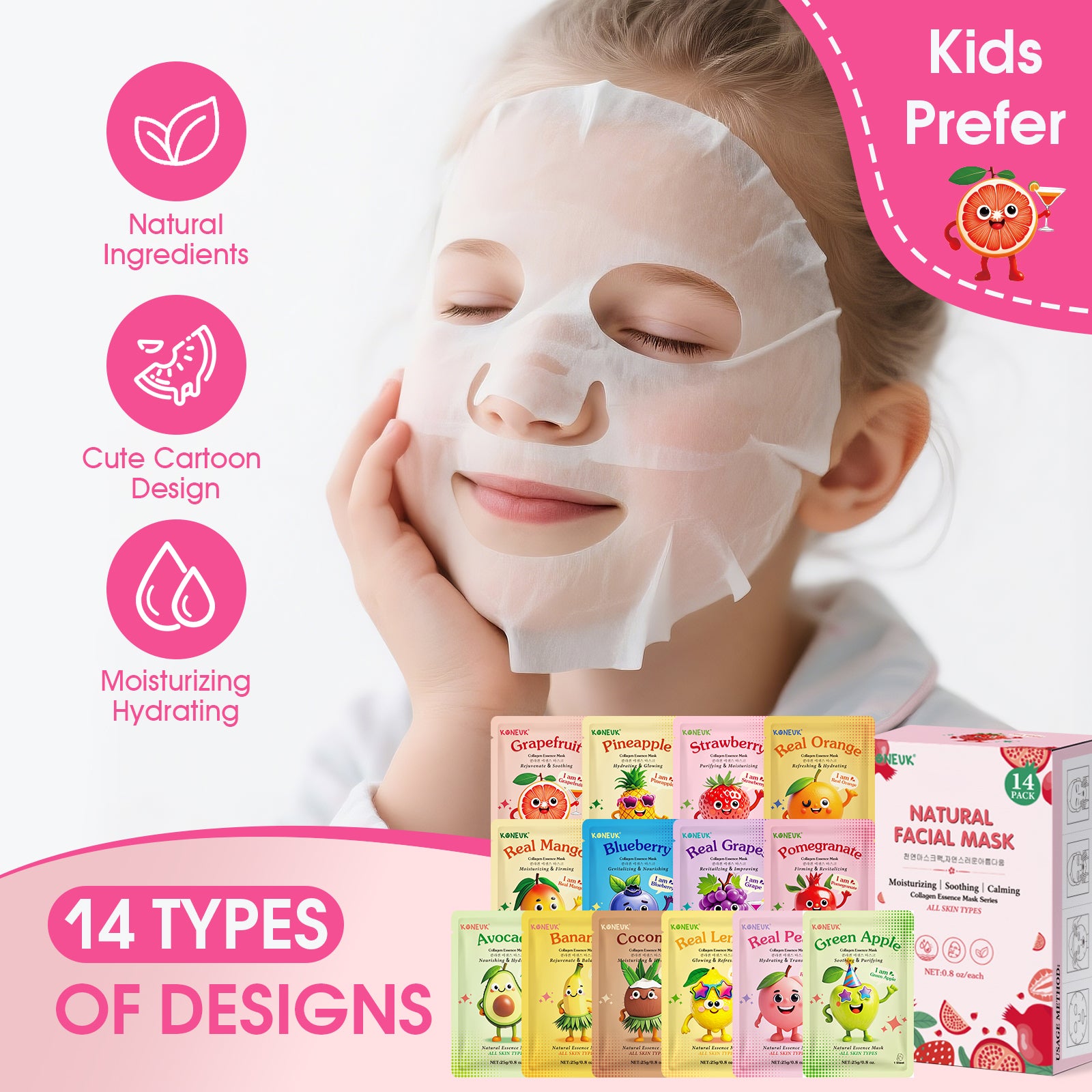 KONEUK 14 Pack Fruit Face Masks Skincare for Kids, Sheet Hydrating Facial Mask for All Skin Types, Bulk Collagen Face Mask for Women Skin Care, Birthday Party Spa Gifts for Teens Girls Visit the KONEUK Store
