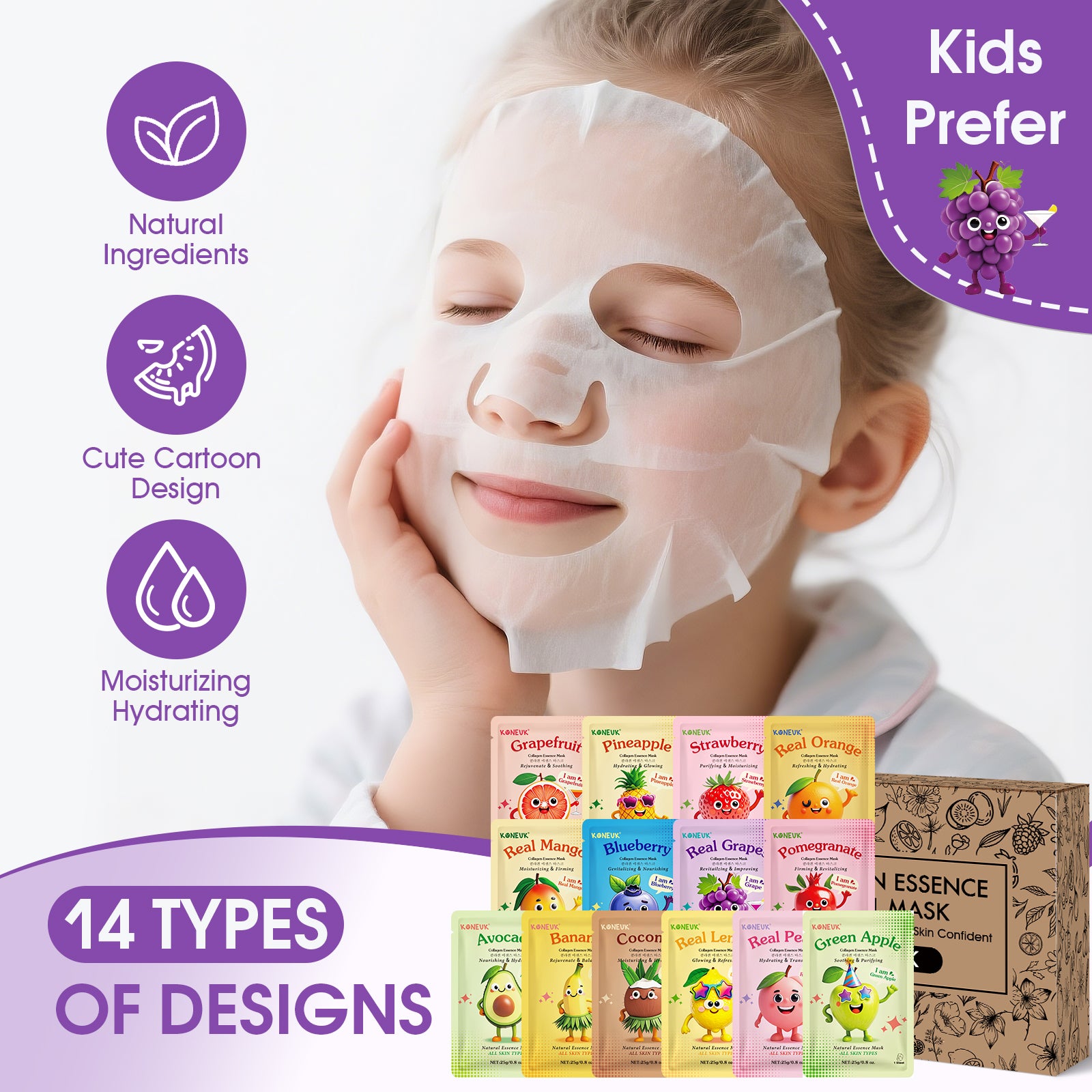 KONEUK 70 Pack Collagen Hydrating Face Masks Skincare for Women, Cute Fruit Face Mask Skin Care for Kids Teens, Bulk Sheet Facial Masks Set for All Skin Types, Spa Party Supplies for Girls, Birthday Gifts