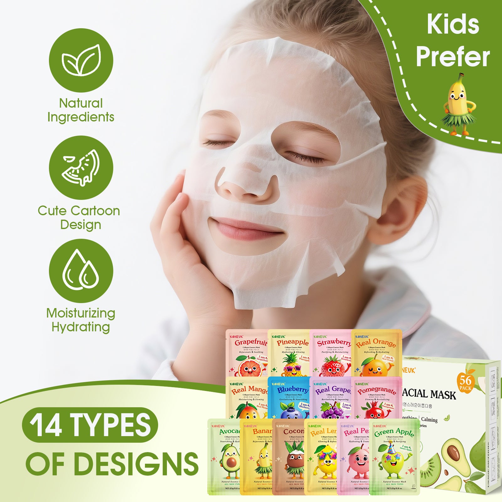 KONEUK 56 Pack Fruit Collagen Face Masks Skincare for Teens Girls, Sheet Face Mask Skin Care for Kids, Bulk Hydrating Facial Masks for Women, Face Mask Set for All Skin Types, Birthday Party Spa Gifts