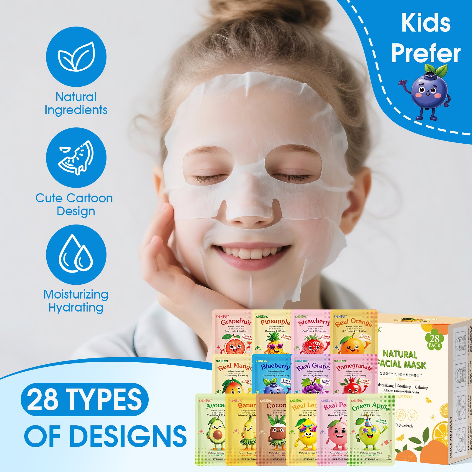KONEUK 28 Pack Fruit Face Masks Skincare for Kids Girls, Sheet Collagen Face Mask for Women Skin Care, Bulk Hydrating Facial Mask for All Skin Types, Party Spa Gifts for Teens