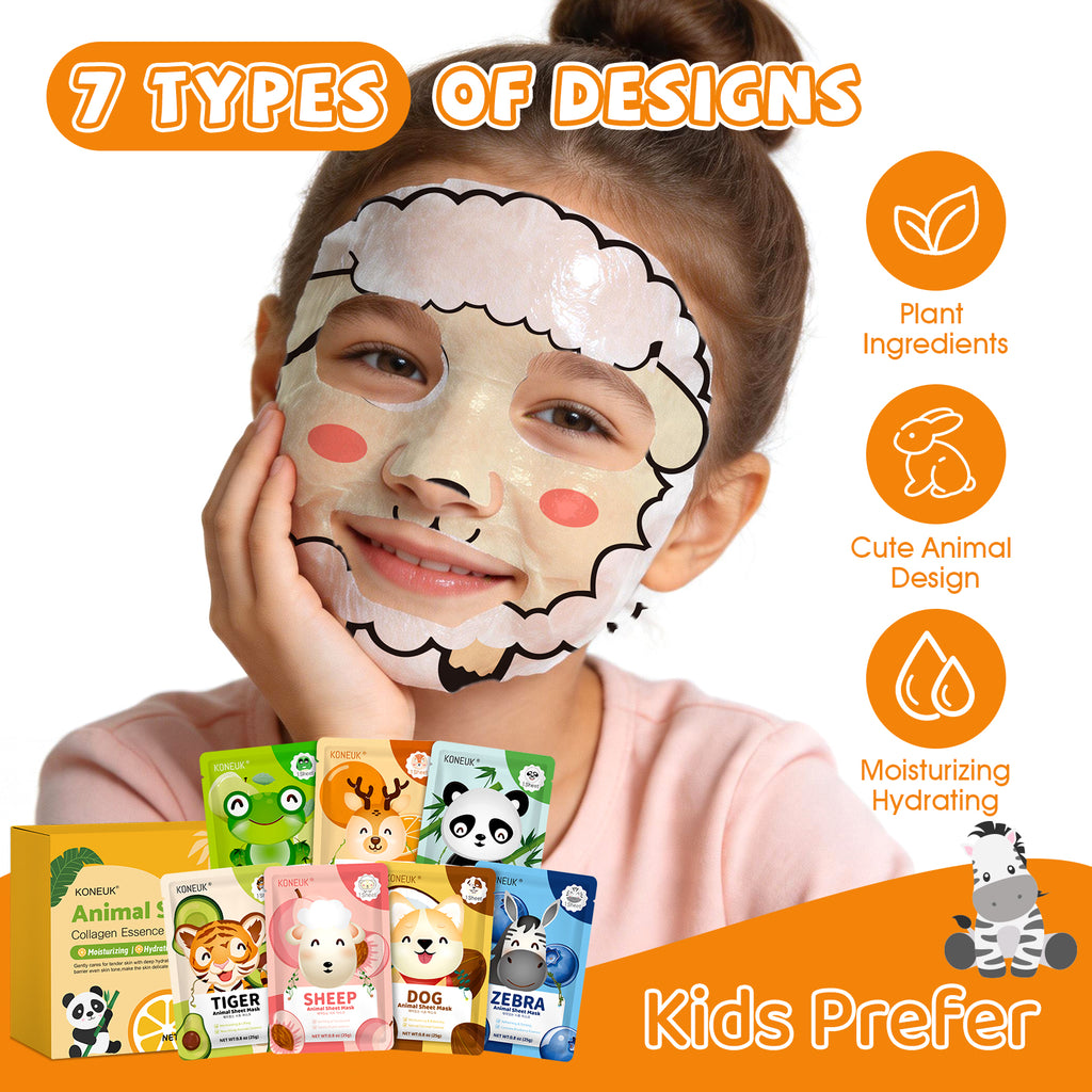KONEUK 7 Pack Animal Hydrating Face Mask for Kids, Bulk Face Masks Skincare for Girls Teens, Kids Skin Care Set and Spa Day Kit, Spa Party Supplies for Girls