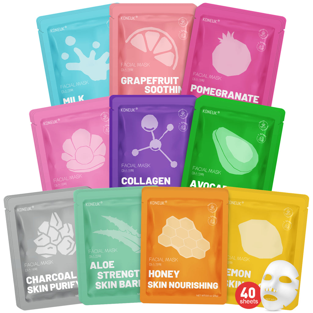 KONEUK 40 Pack Collagen Face Masks for Women Skin Care, Sheet Face Mask for Skincare, Hydrating & Moisturizing for Dry Skin, Bulk Spa Party Favors and Spa Gifts for Women