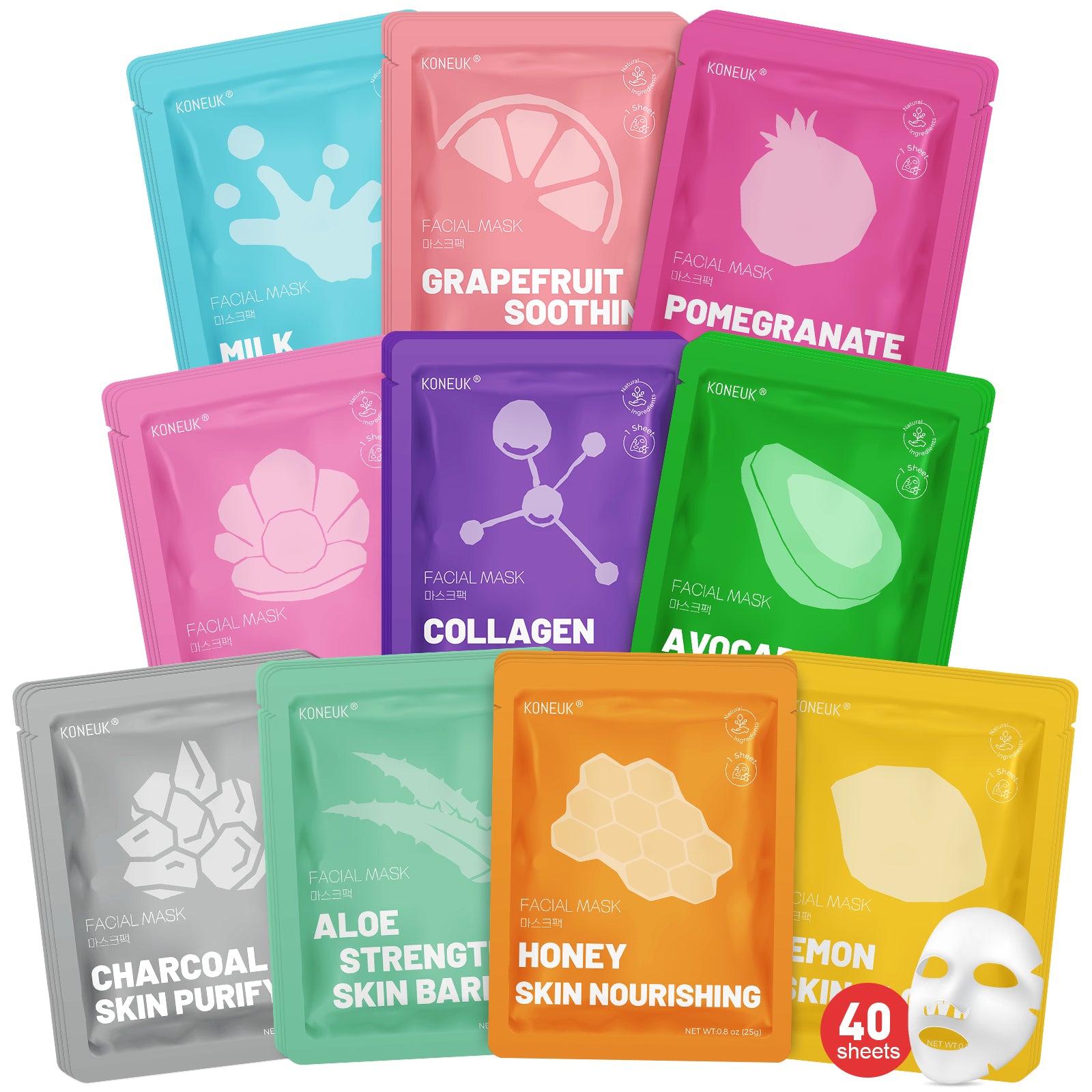 KONEUK 40 Pack Collagen Face Masks for Women Skin Care, Sheet Face Mask for Skincare, Hydrating & Moisturizing for Dry Skin, Bulk Spa Party Favors and Spa Gifts for Women