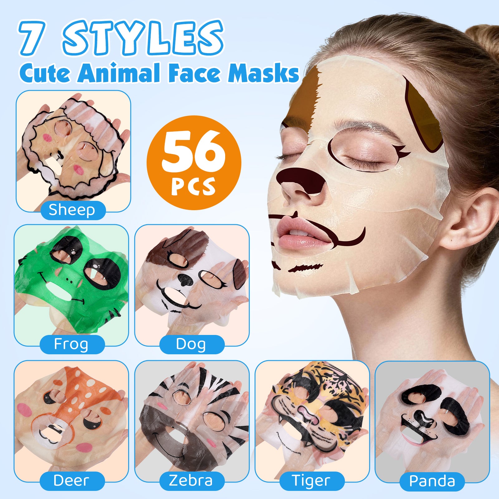KONEUK 56 Pack Bulk Animal Face Mask for Kids, Hydrating & Moisturizing, Face Masks Skincare for Girls Teens, Spa Party Supplies, Spa Day Kit and Birthday Gifts (7 Types X 8 Pcs)