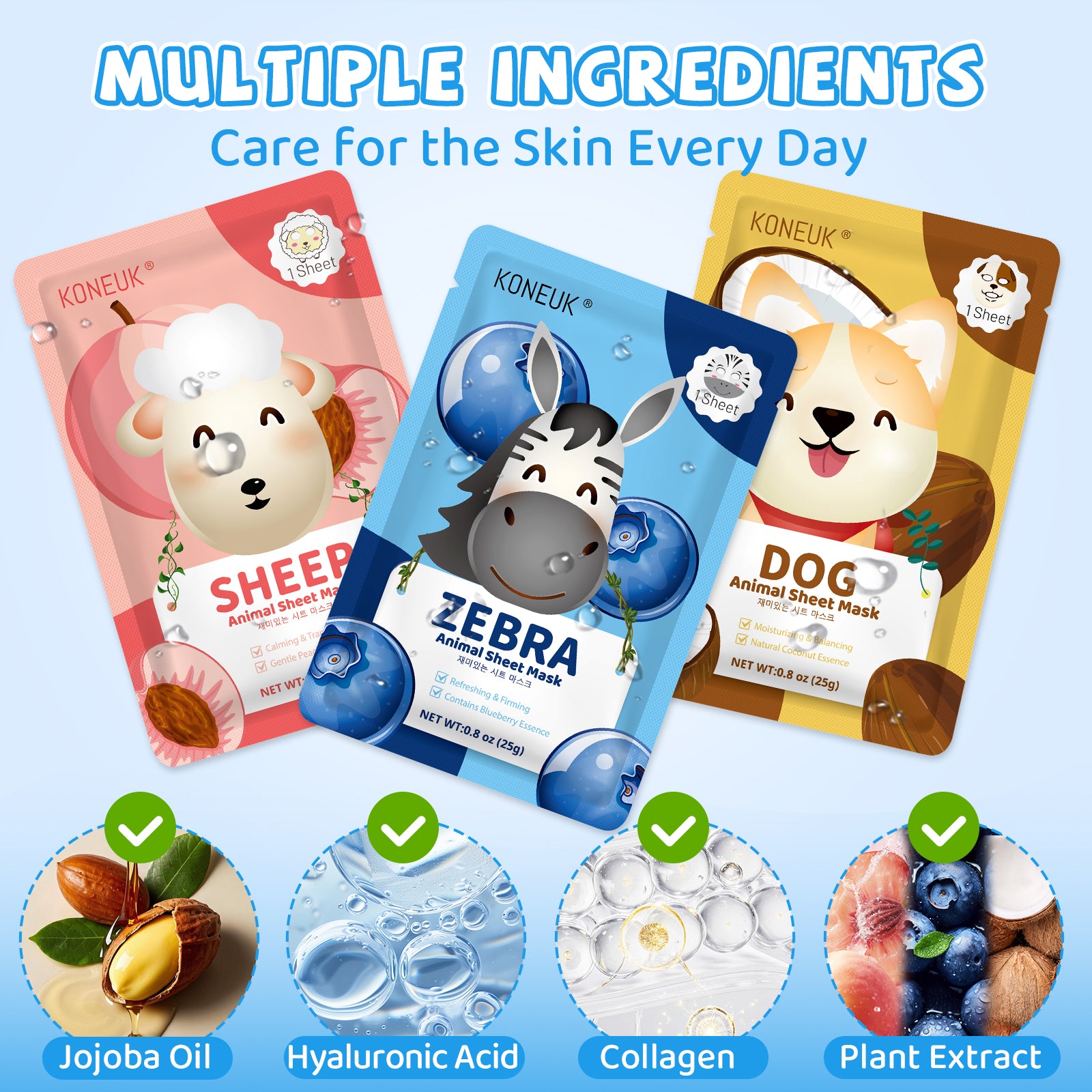 KONEUK 56 Pack Bulk Animal Face Mask for Kids, Hydrating & Moisturizing, Face Masks Skincare for Girls Teens, Spa Party Supplies, Spa Day Kit and Birthday Gifts (7 Types X 8 Pcs)