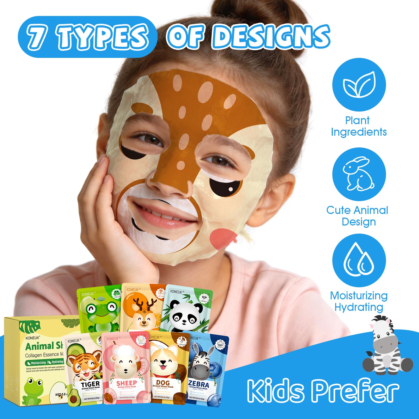 KONEUK 56 Pack Bulk Animal Face Mask for Kids, Hydrating & Moisturizing, Face Masks Skincare for Girls Teens, Spa Party Supplies, Spa Day Kit and Birthday Gifts (7 Types X 8 Pcs)