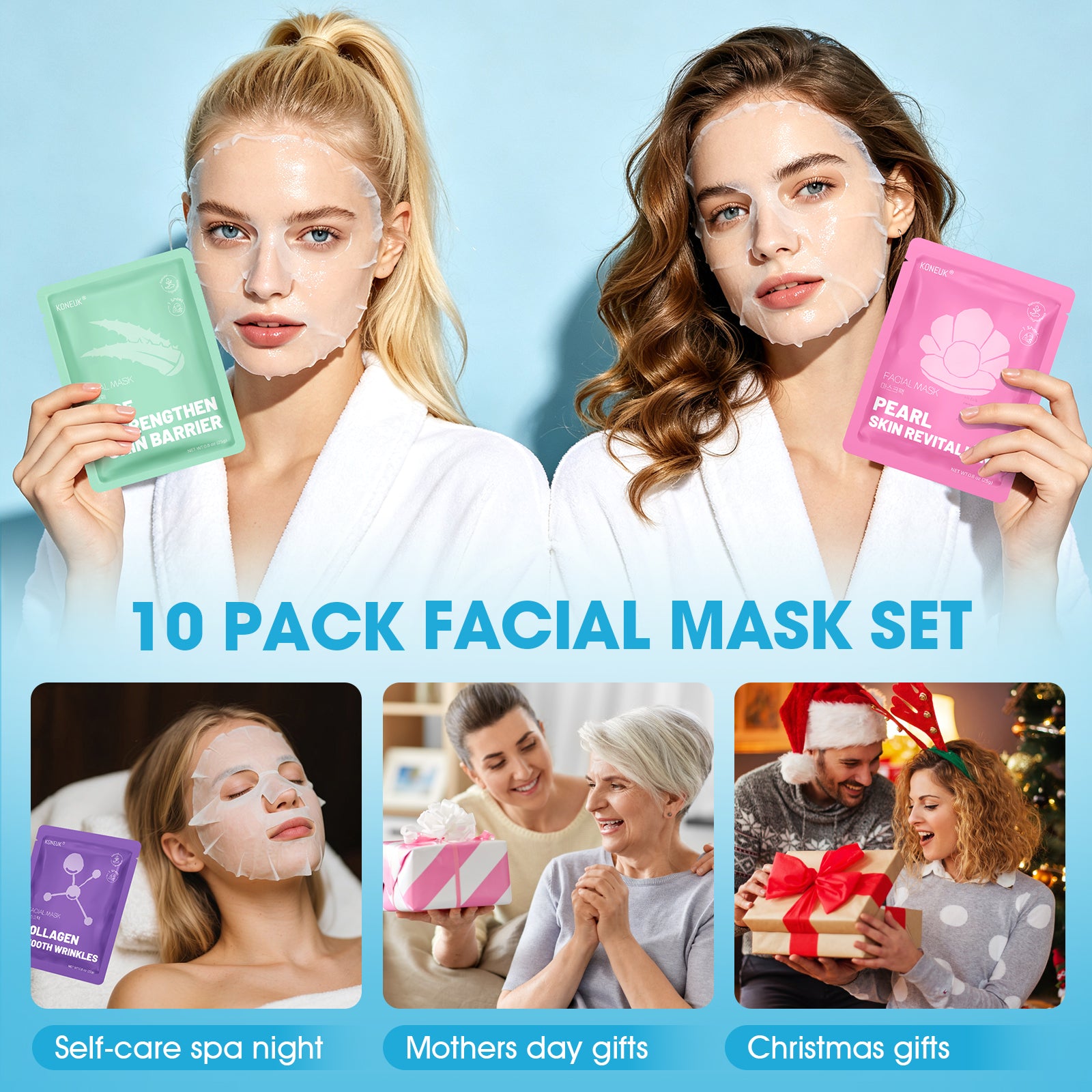 KONEUK 10 Pack Moisturizing Face Masks Skincare for Women, Collagen Hydrating Sheet Face Mask Set, Facial Mask for Women Skin Care, Spa Party Favors and Spa Day Gifts