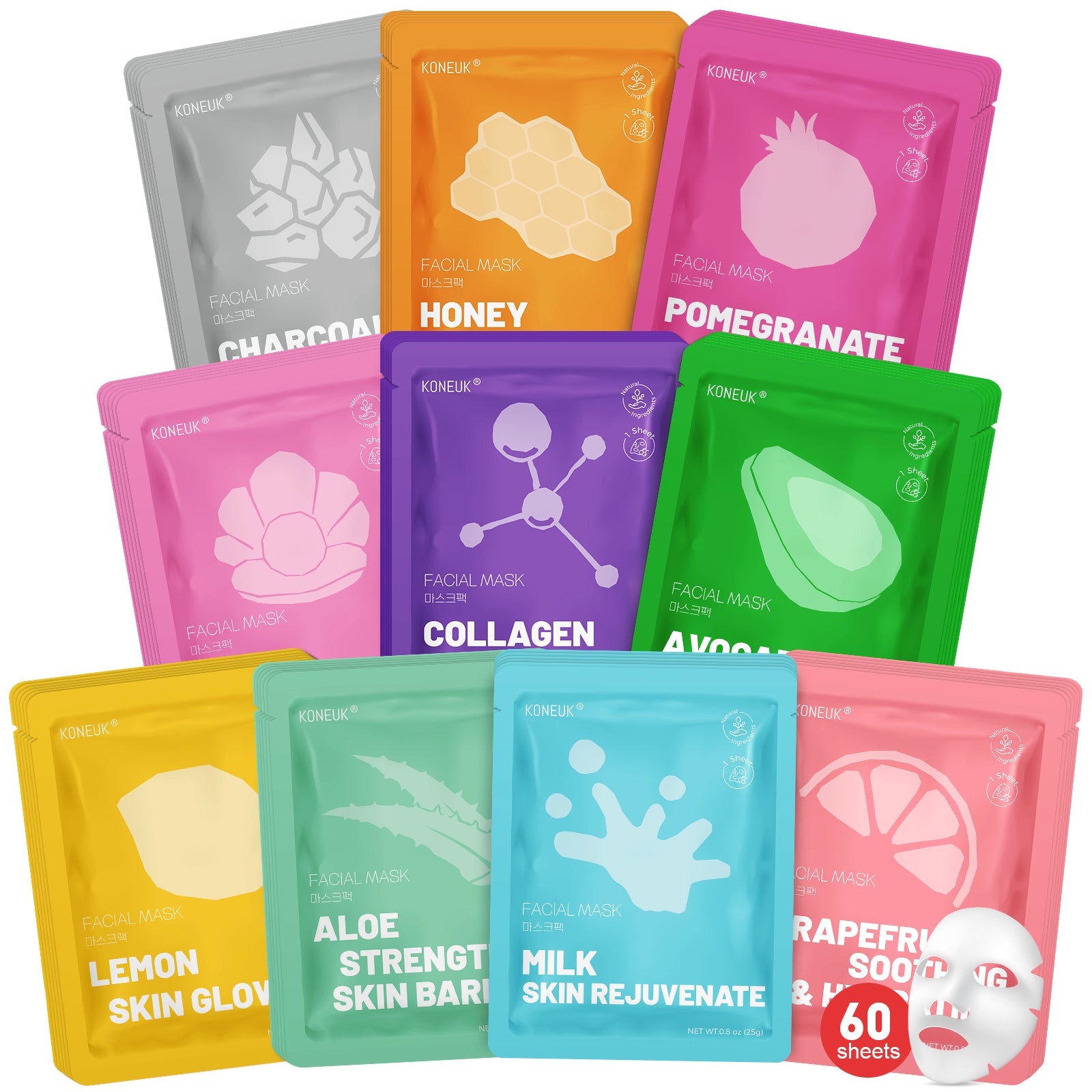 KONEUK 60 Pack Collagen Hydrating Face Mask for Women, Bulk Sheet Face Masks for Skincare, Moisturizing Facial Mask for Dry Skin, Spa Gifts and Spa Party Favors (10 Types x 6 Pcs)