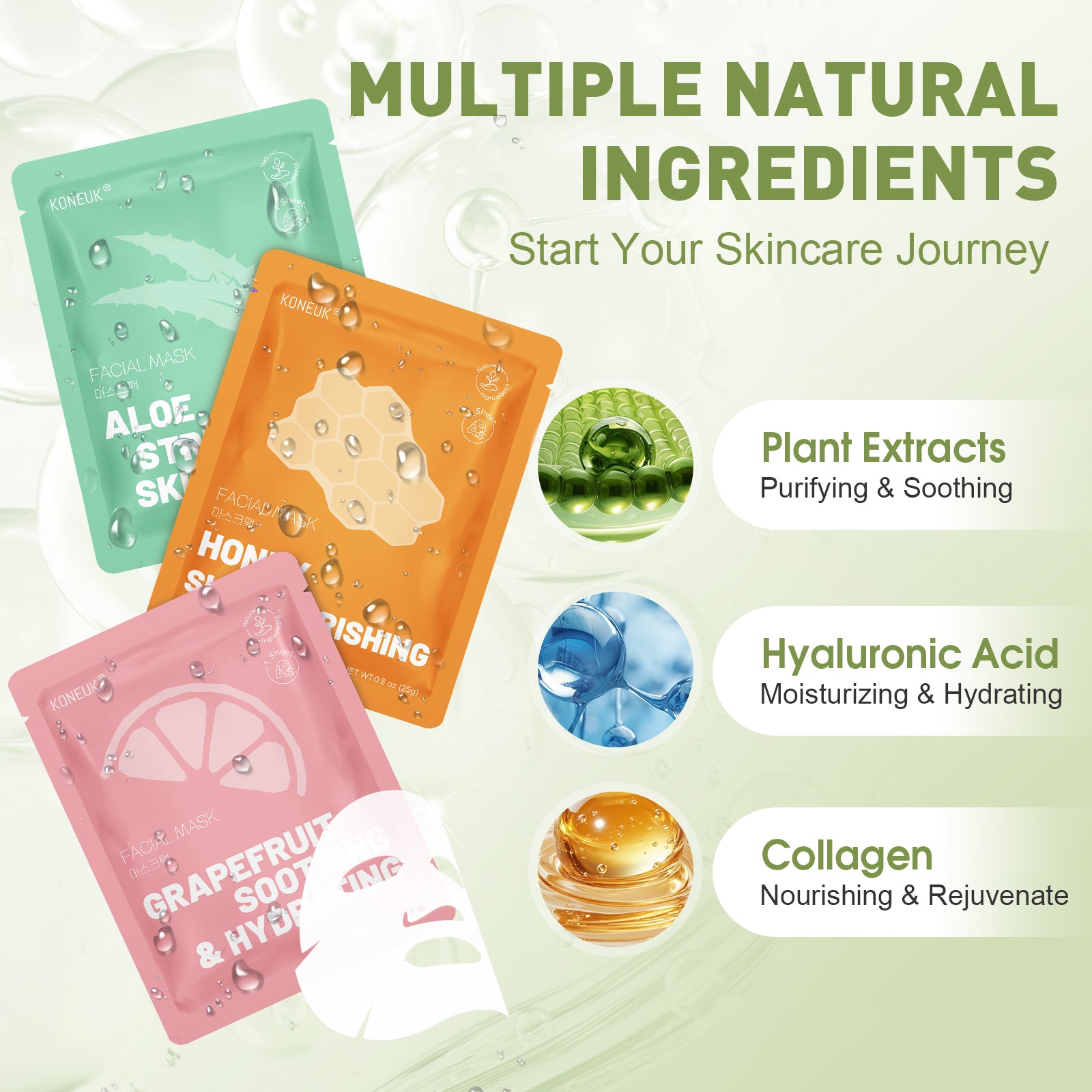 KONEUK 60 Pack Collagen Hydrating Face Mask for Women, Bulk Sheet Face Masks for Skincare, Moisturizing Facial Mask for Dry Skin, Spa Gifts and Spa Party Favors (10 Types x 6 Pcs)