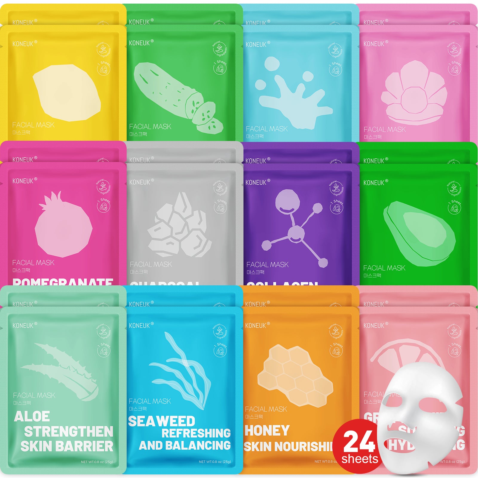 KONEUK 24 Pack Sheet Hydrating Face Masks Skincare, Soothing & Moisturizing Face Mask for All Skin Types, Bulk Collagen Face Mask for Women Skin Care, Facial Masks Set Spa Gifts for Women