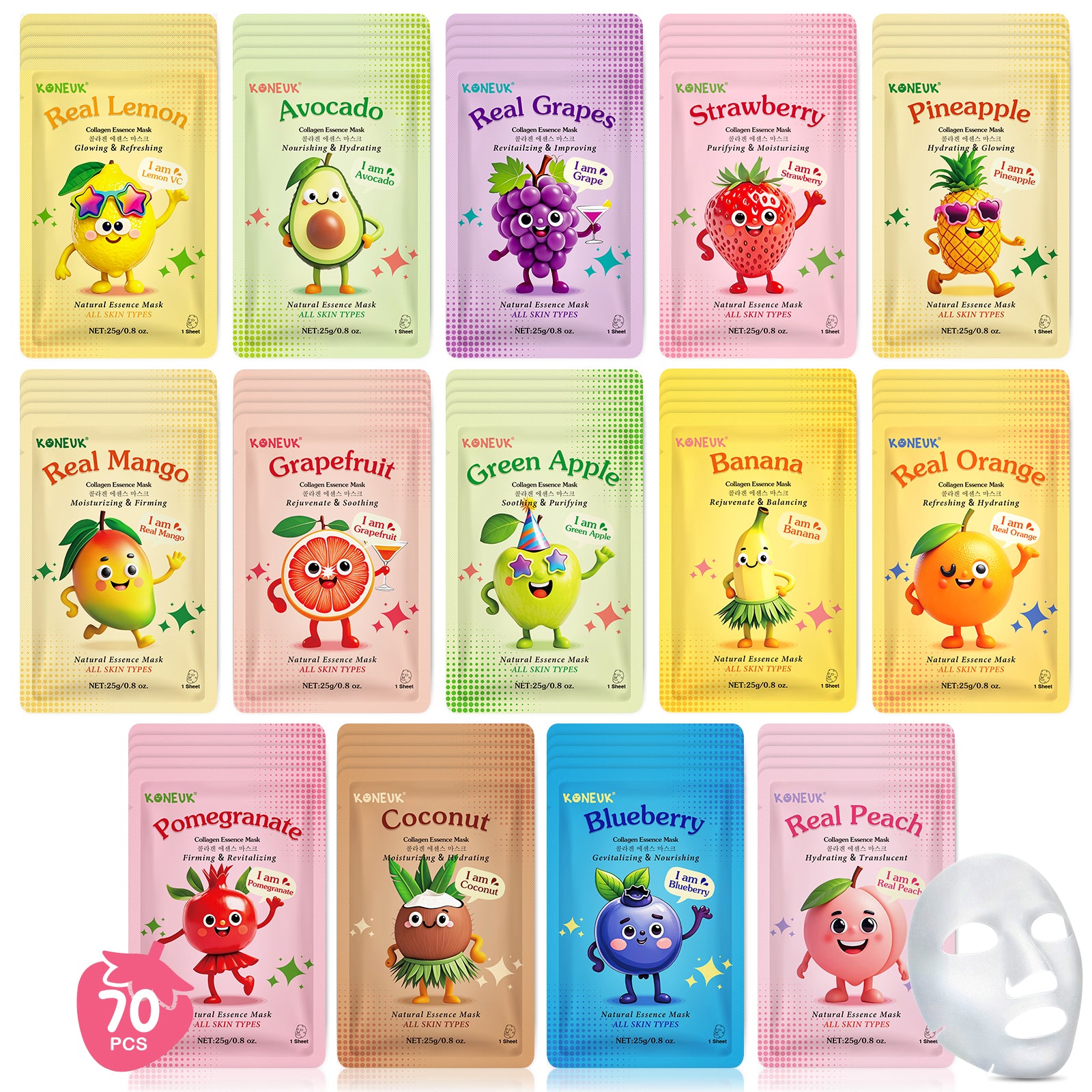 KONEUK 70 Pack Collagen Hydrating Face Masks Skincare for Women, Cute Fruit Face Mask Skin Care for Kids Teens, Bulk Sheet Facial Masks Set for All Skin Types, Spa Party Supplies for Girls, Birthday Gifts