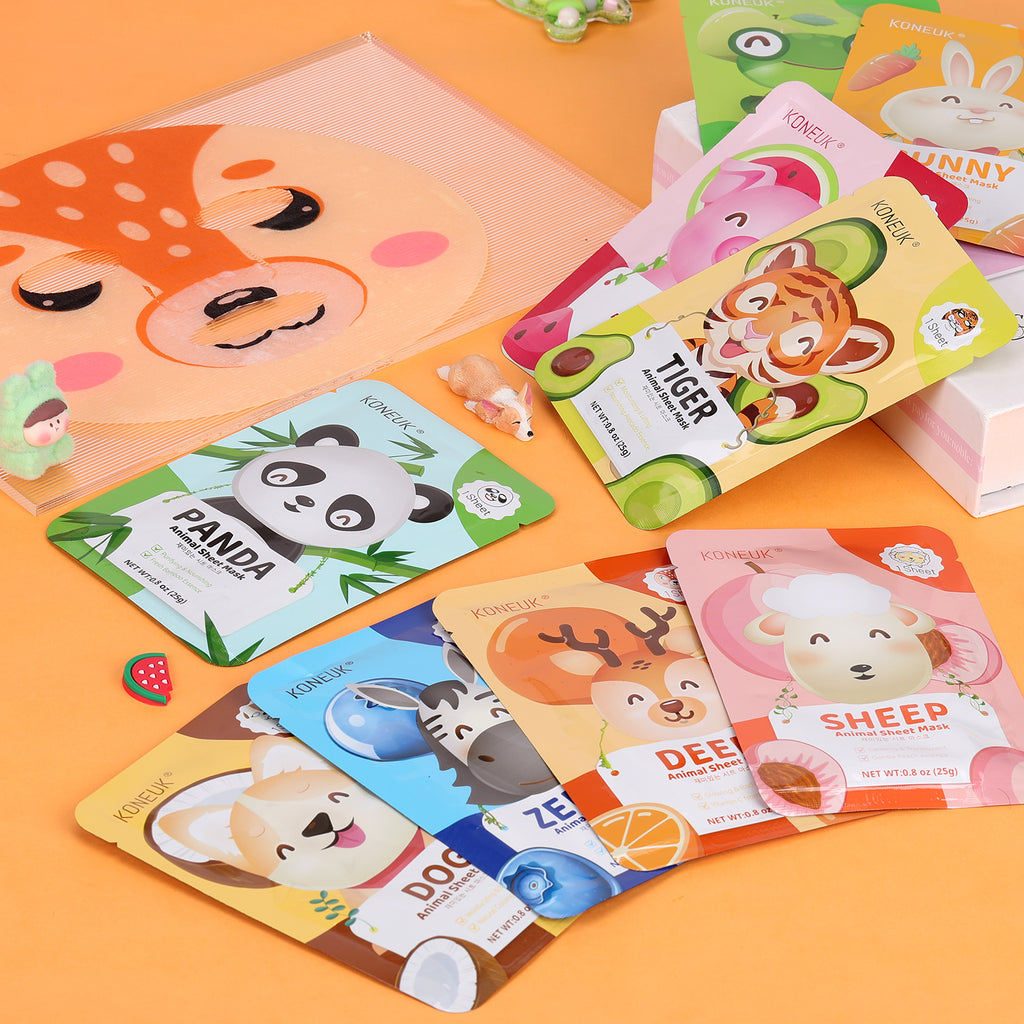 KONEUK 9 Pack Animal Face Masks Skincare for Kids, Bulk Sheet Hydrating Face Mask for Kids Skin Care, Collagen Face Mask for Teens Women, Sleepover Party Supplies, Spa Party Gifts for Teen Girls